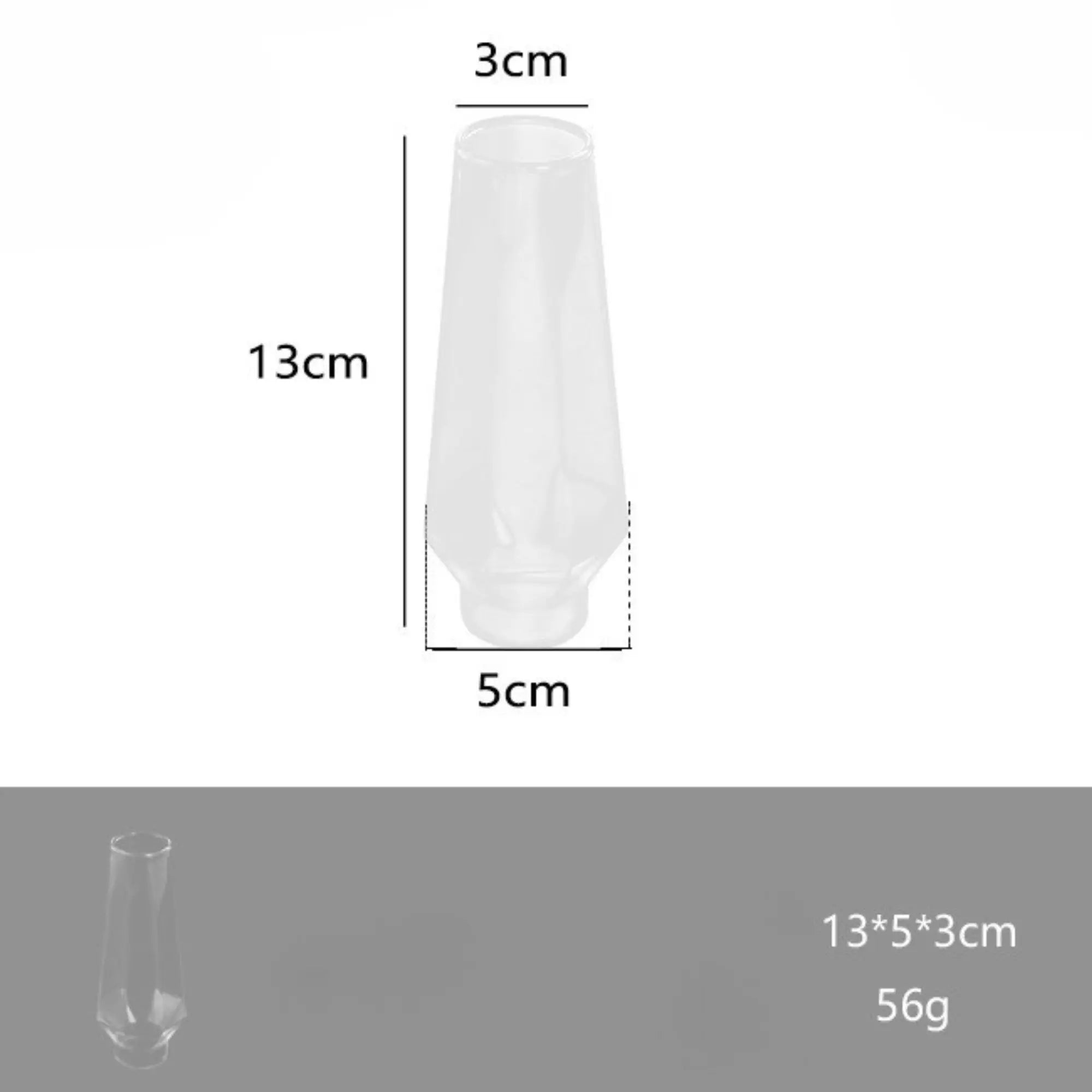 Glass component for camping lantern, dimensions 13x5x3 cm, weight 56g. Essential part for outdoor gas lantern.