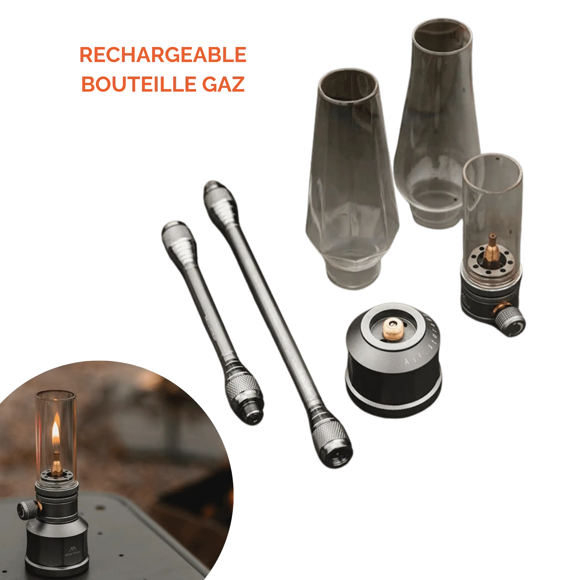 Rechargeable camping gas lantern with customizable glass and parts for outdoor lighting.