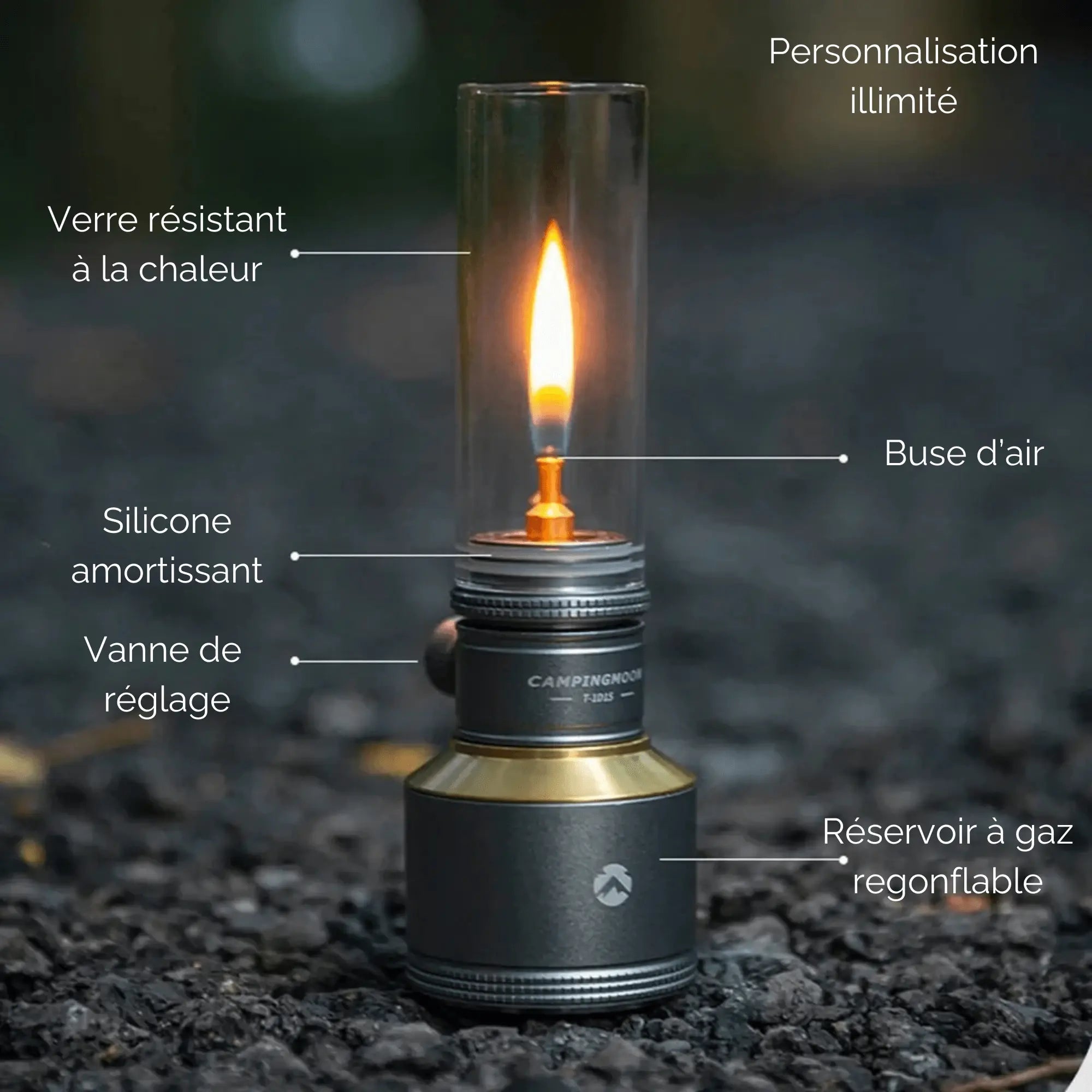 Lampe lanterne à gaz de camping avec personnalisation, verre résistant à la chaleur, et réservoir rechargeable pour extérieur.