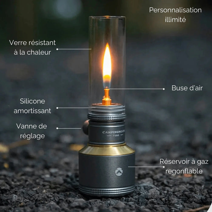 Lanterne à gaz de camping avec personnalisation, verre résistant à la chaleur et réservoir rechargeable pour l'extérieur.
