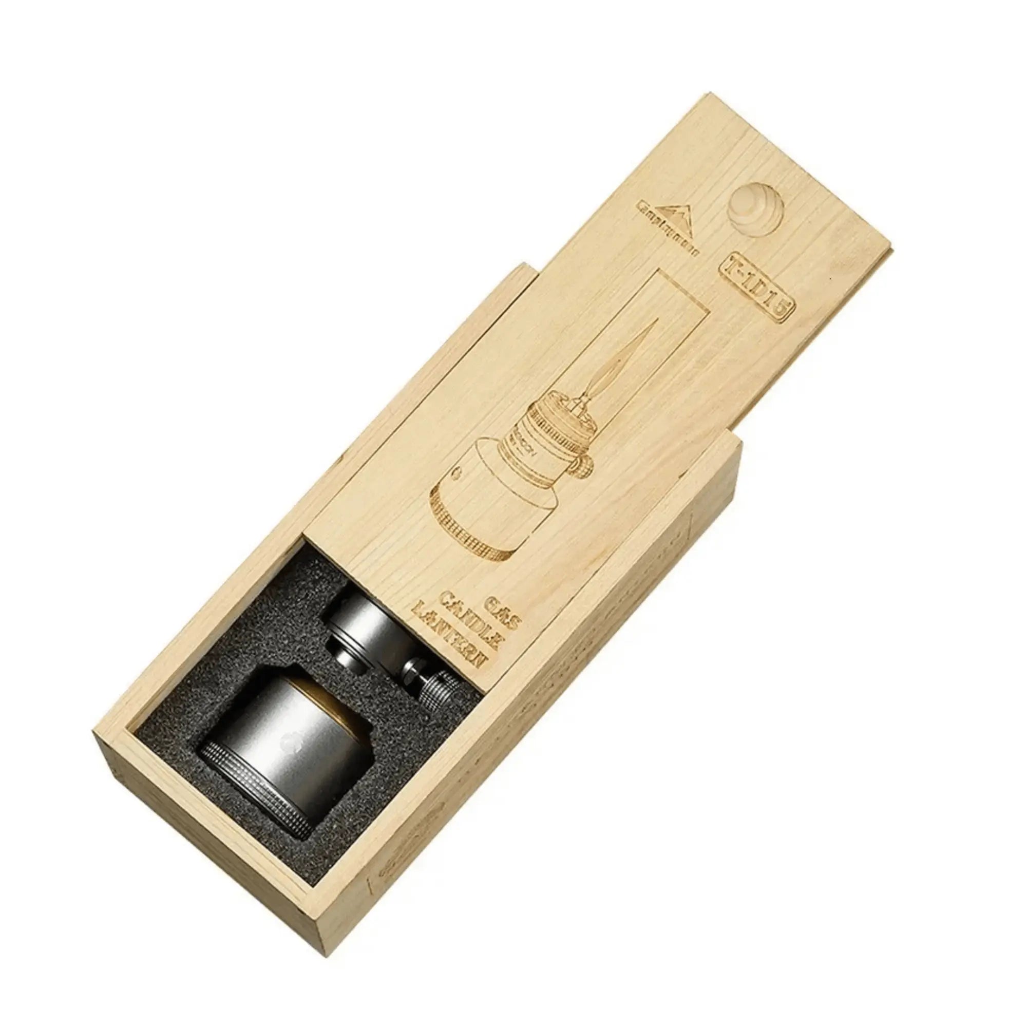 Lampe lanterne à gaz de camping dans un coffret en bois, idéale pour créer une ambiance chaleureuse en plein air sous les étoiles.
