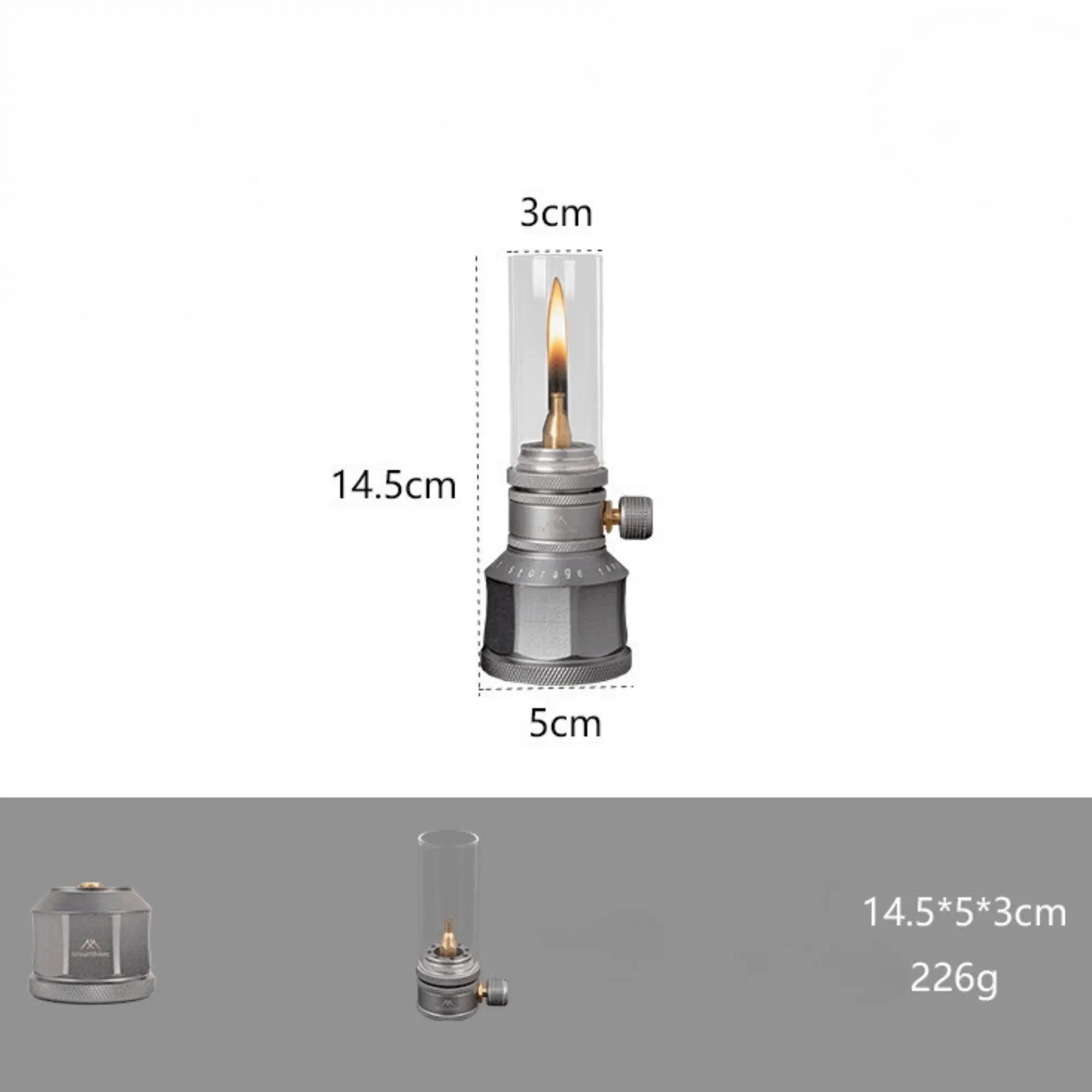 Lampe lanterne à gaz de camping rechargeable, dimensions 14.5x5x3 cm, idéale pour ambiance chaleureuse en plein air.