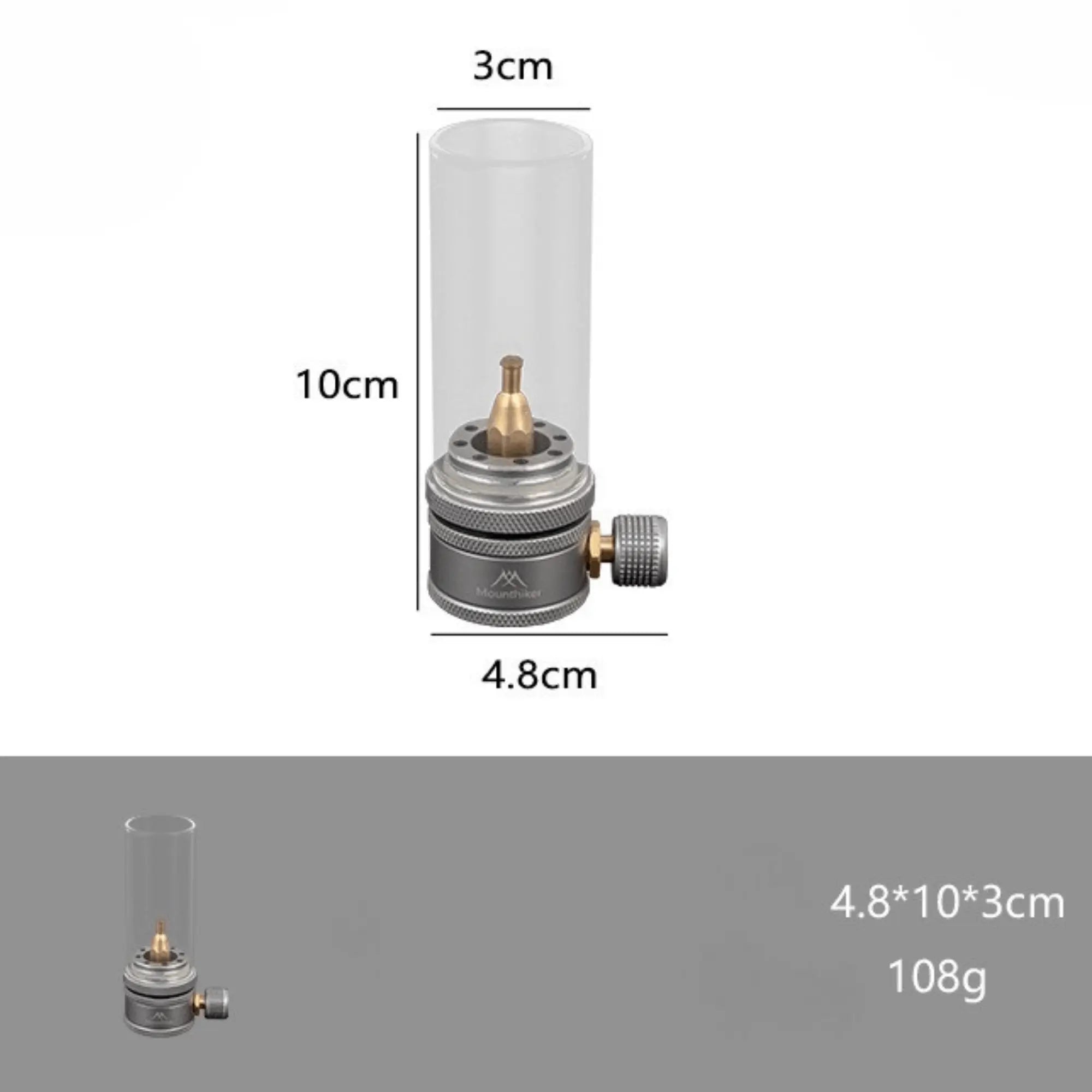 Compact rechargeable camping gas lantern dimensions: 4.8 x 10 x 3 cm, weighing 108g, ideal for outdoor adventures.