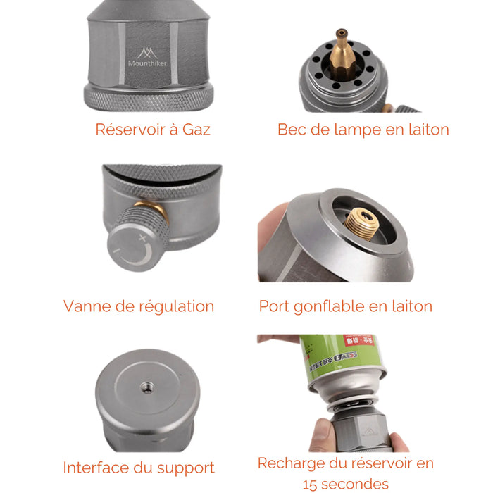 Détails de la lampe de camping à gaz avec réservoir, bec en laiton, vanne de régulation et recharge en 15 secondes.