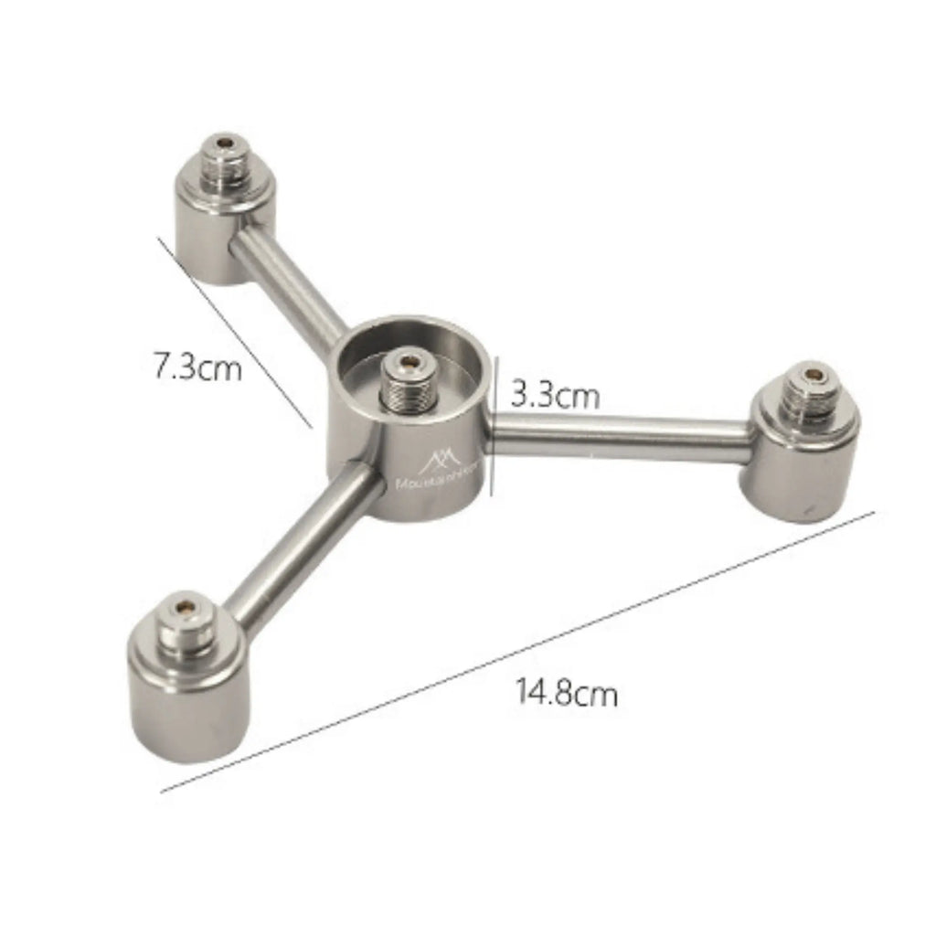 Camping gas lantern base with measurements of 14.8cm, 7.3cm, and 3.3cm, designed for stability and outdoor use.