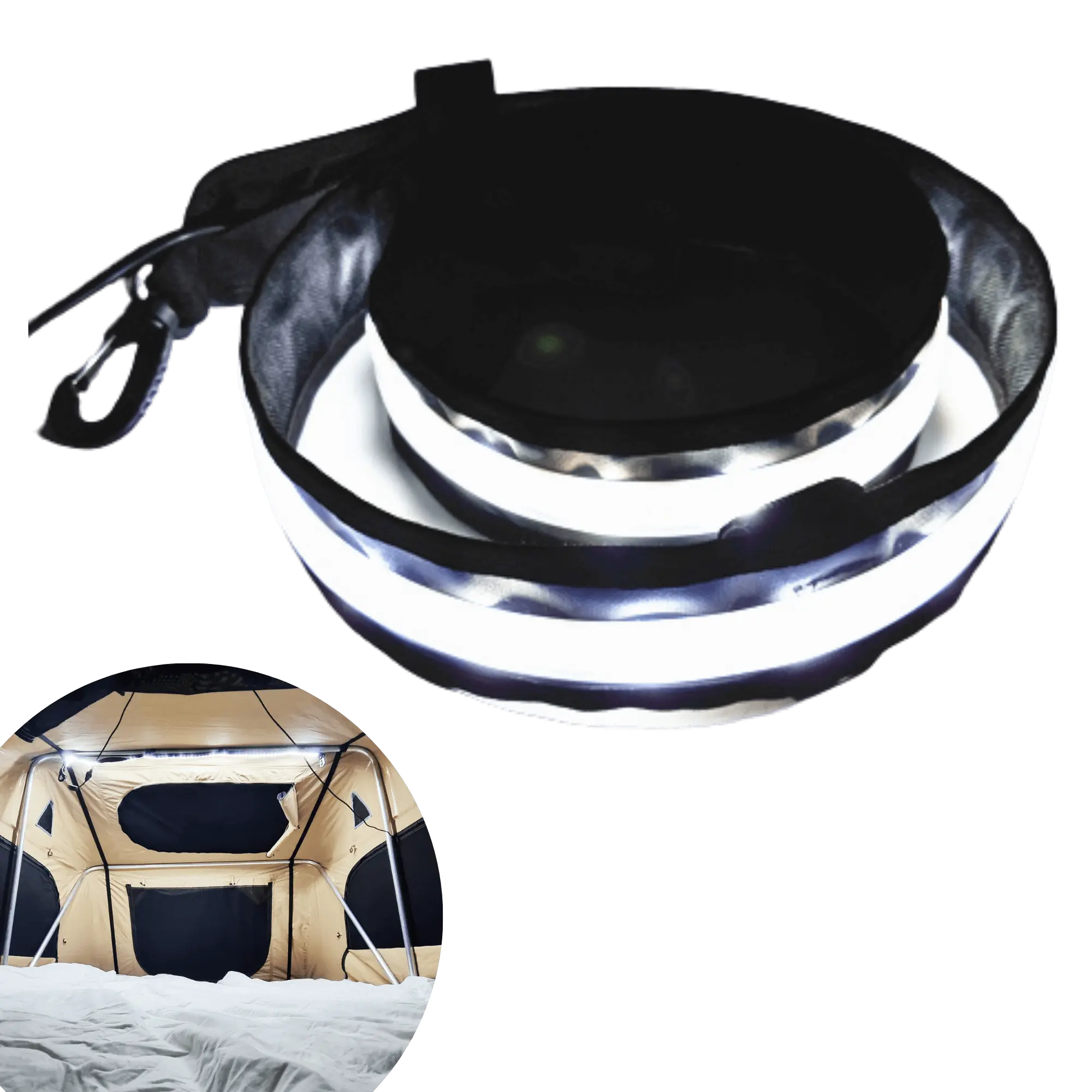 Flexible LED camping tent light strip with 72 LEDs, shown coiled with portable carrying bag, illuminating inside of rooftop tent.