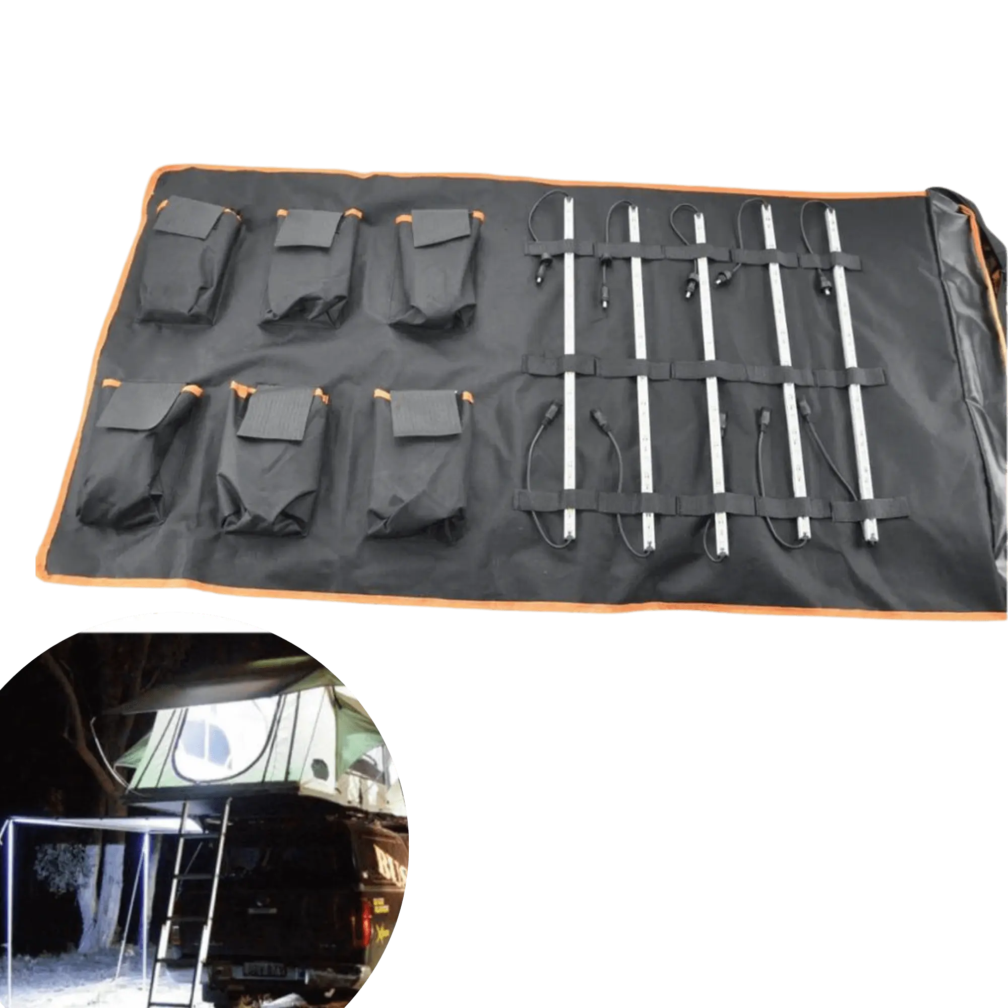Pack of 5 magnetic LED bars with tent setup for outdoor camping