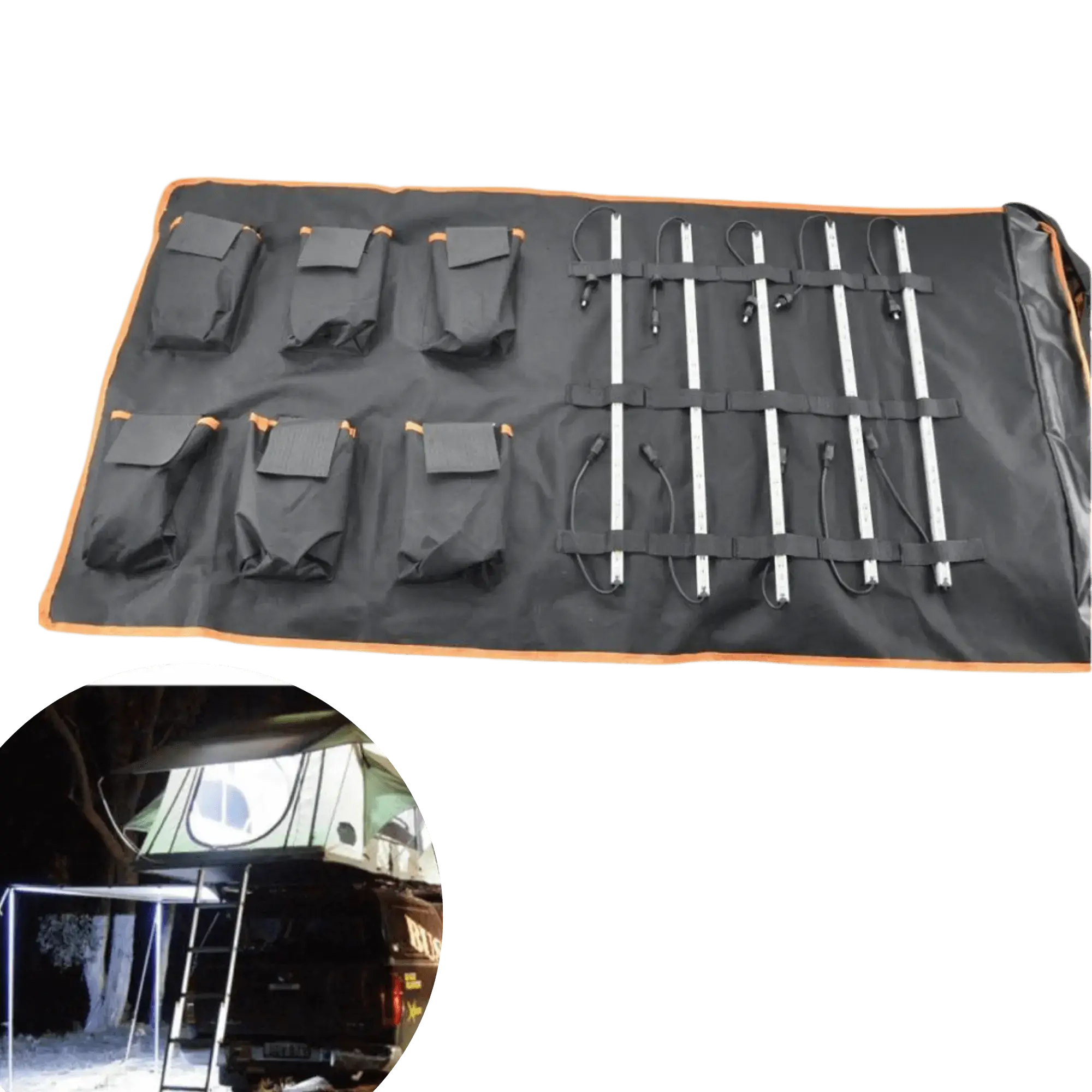 Pack of 5 magnetic LED bars with tent setup for outdoor camping