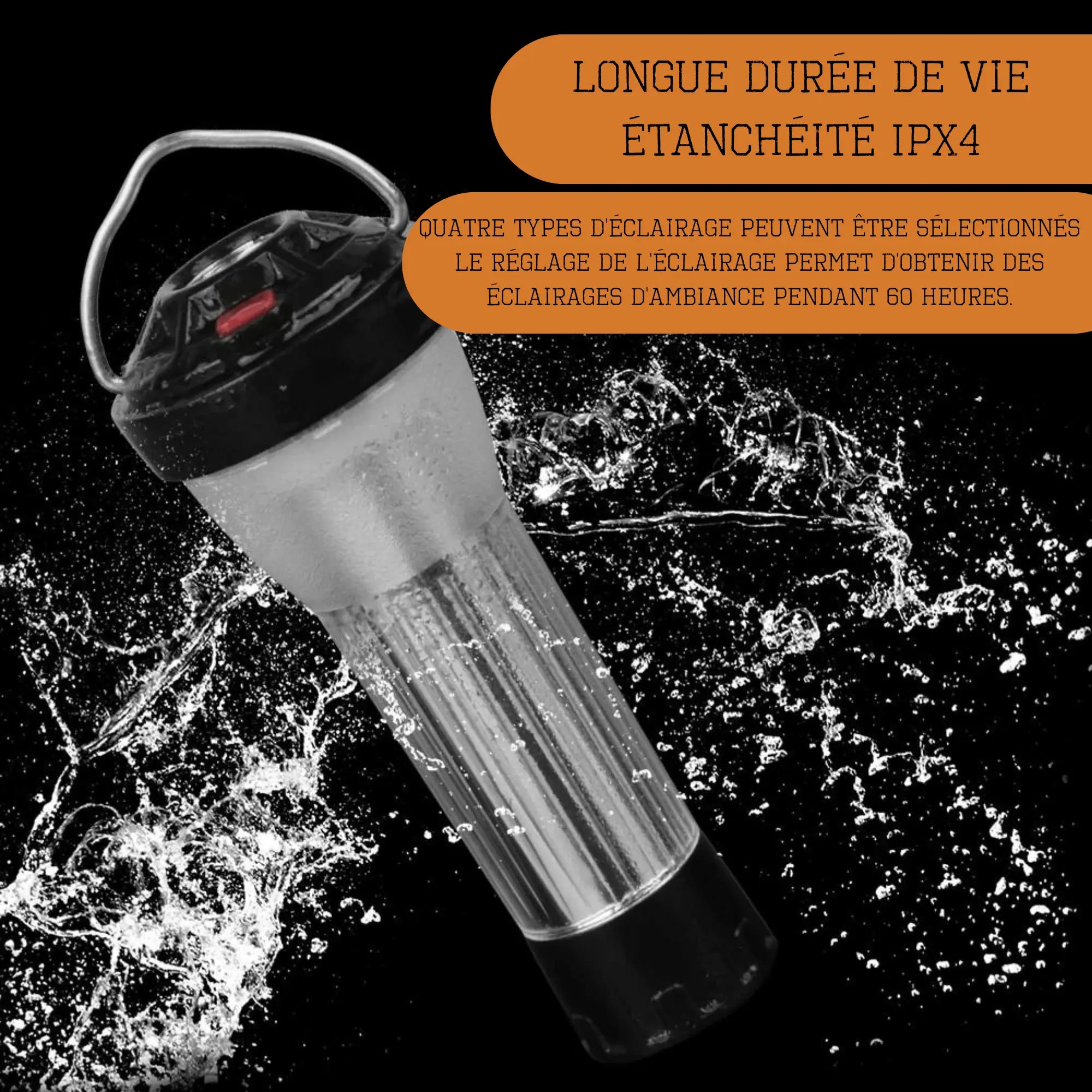 Lanterne multifonction étanche IPX4 avec longue durée, idéale pour le camping. Offre 60 heures d'éclairage avec 4 modes.