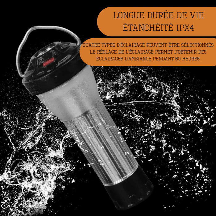 Lanterne multifonction étanche IPX4 avec une longue autonomie, idéale pour le camping. Offre 60 heures d'éclairage avec 4 modes.