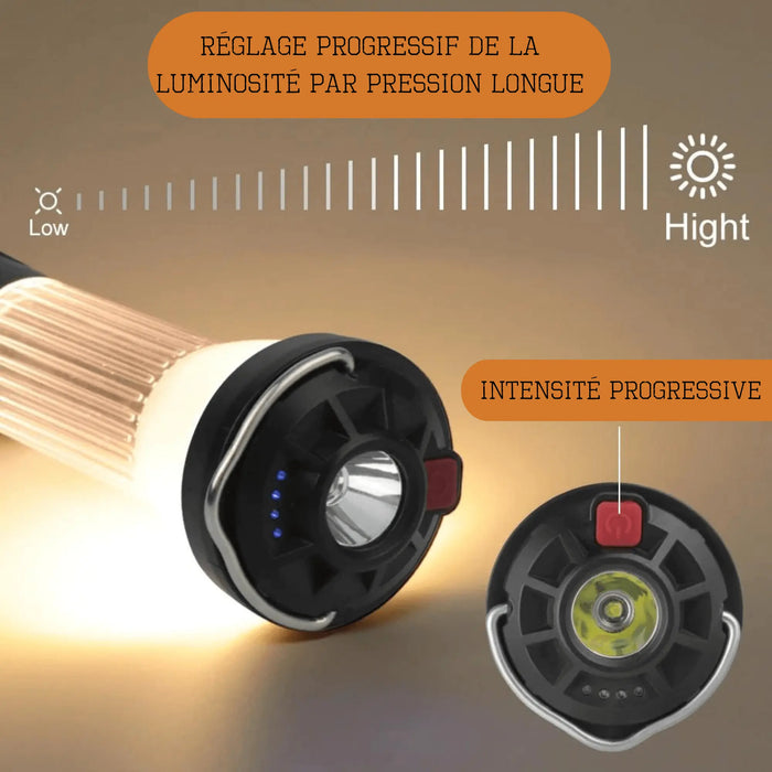 Lanternes de camping rechargeables multifonctions avec luminosité réglable, gros plan sur la lumière LED et le commutateur de variateur.