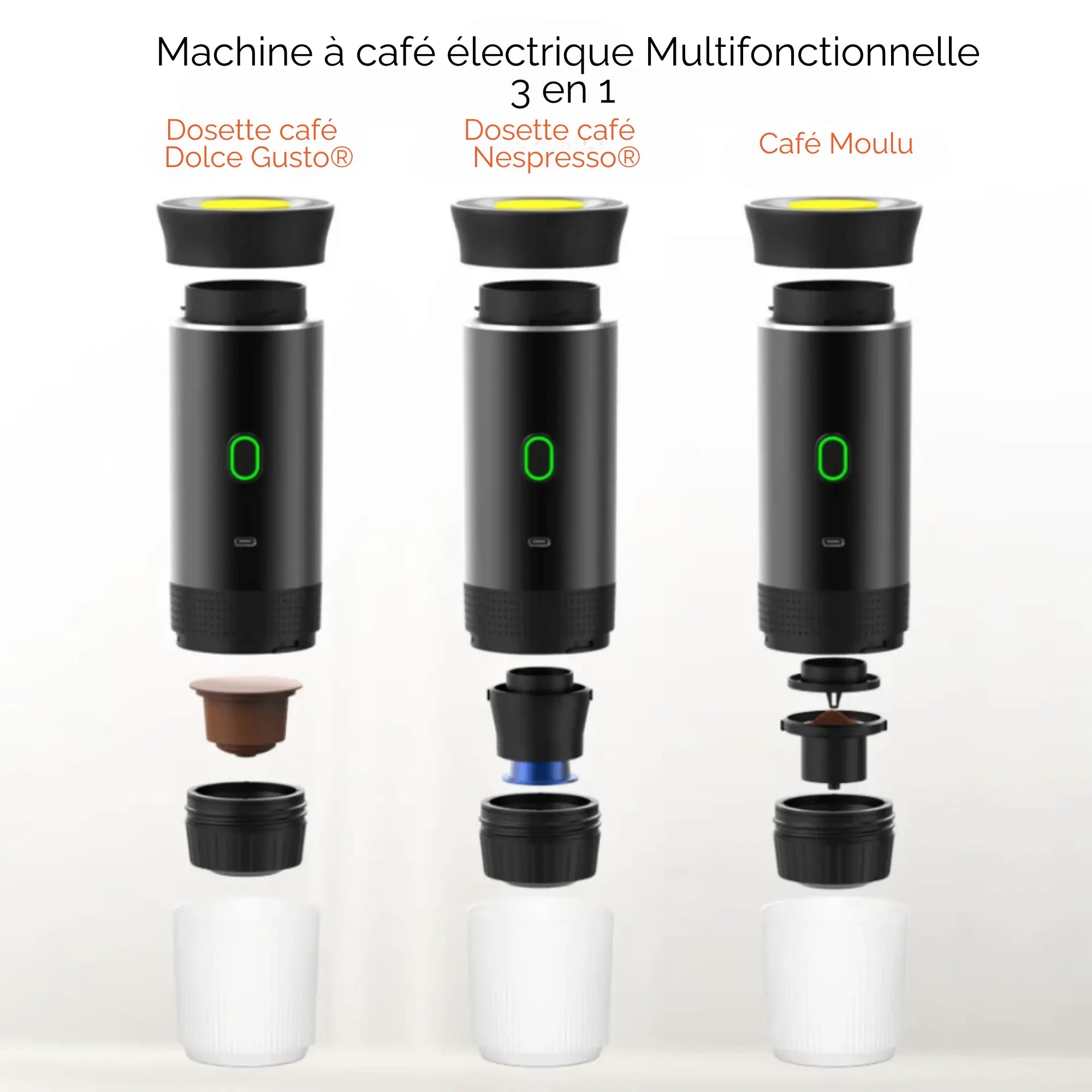 Portable electric coffee maker for Dolce Gusto, Nespresso pods, and ground coffee, ideal for camping and travel.