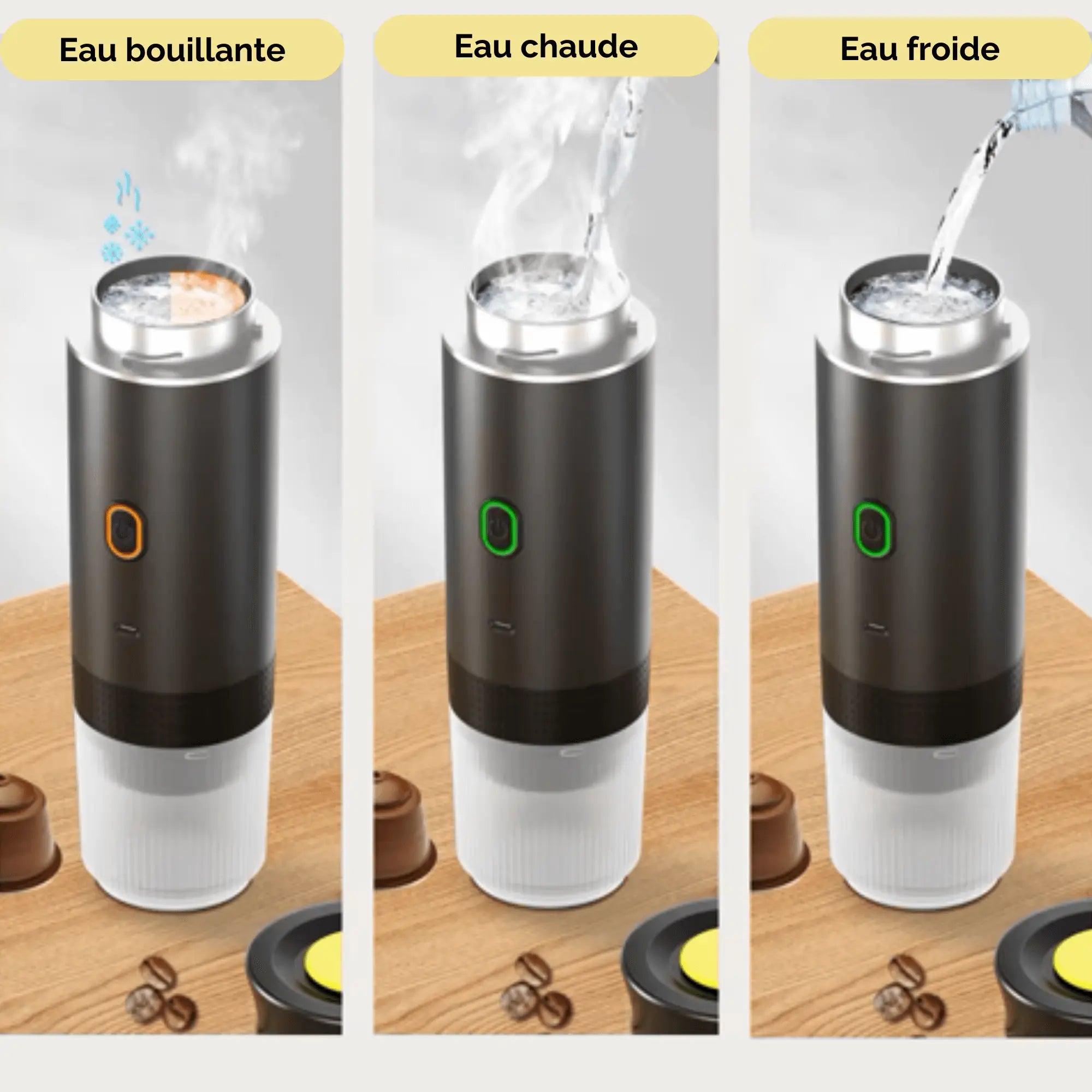 Machine à café portable électrique montrant les options d'eau bouillante, chaude et froide, idéale pour l'expresso parfait