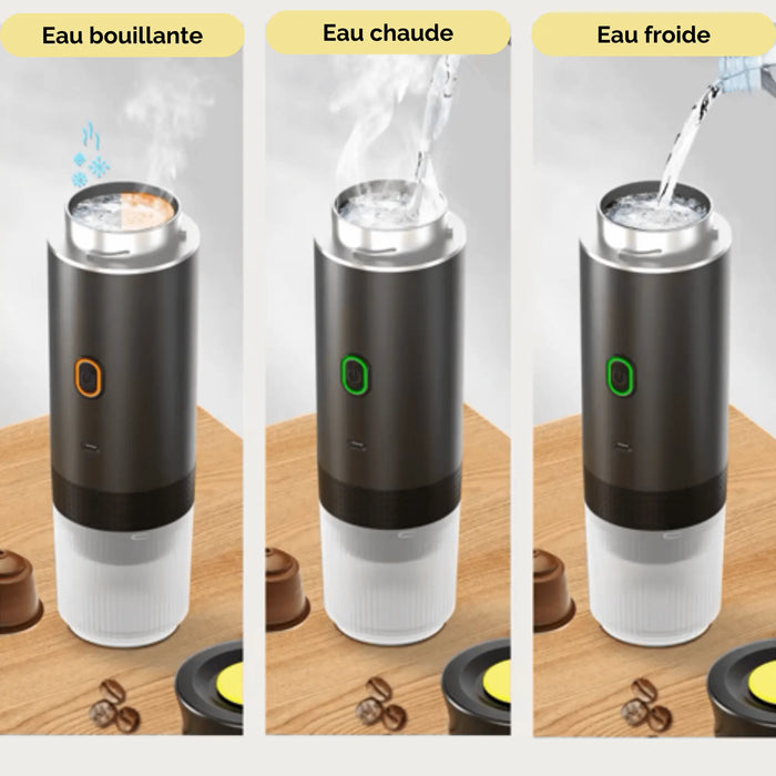 Machine à café portable électrique montrant les options d'eau bouillante, chaude et froide, idéale pour un expresso parfait.