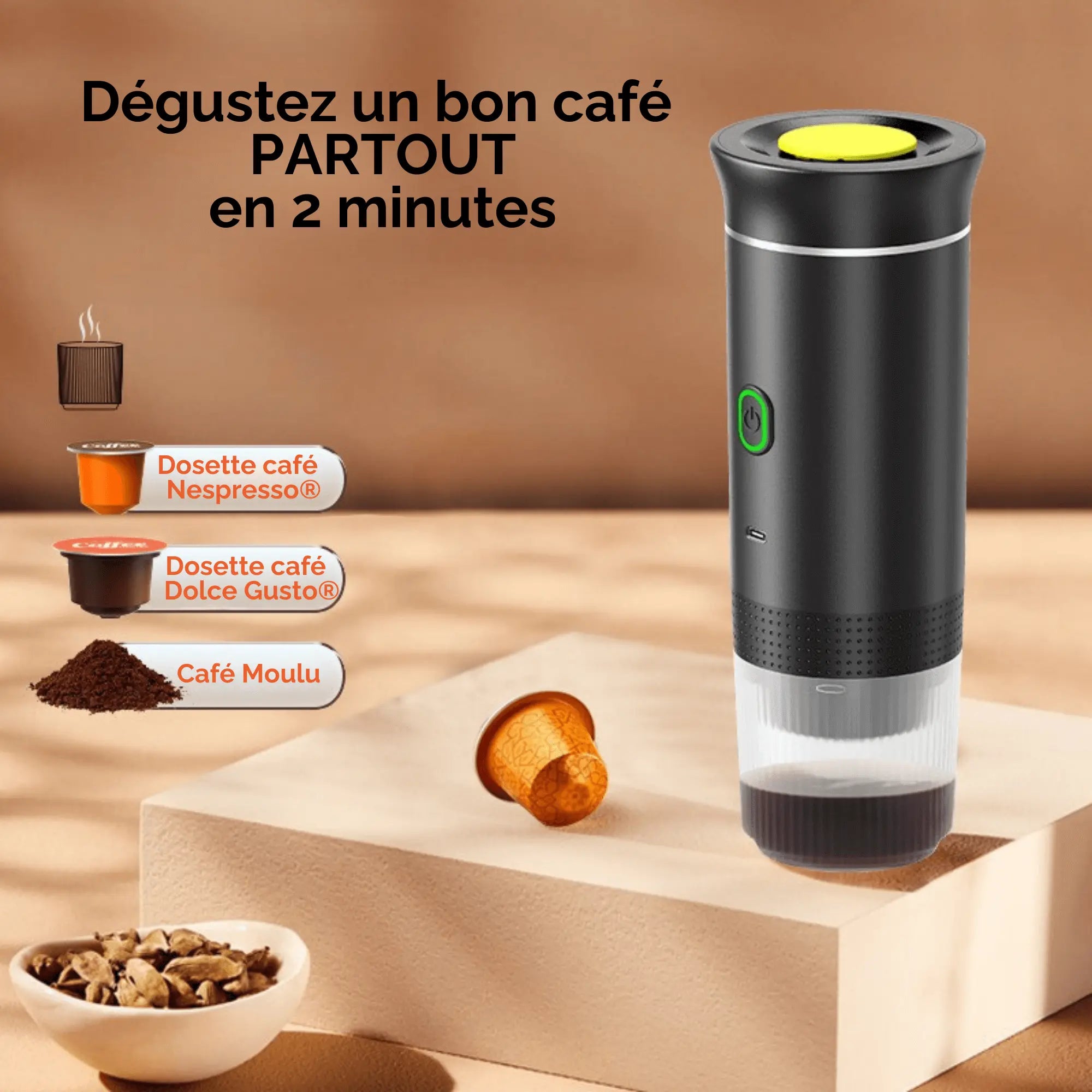Machine à café portable électrique pour expresso rapide, compatible Nespresso, Dolce Gusto et café moulu.