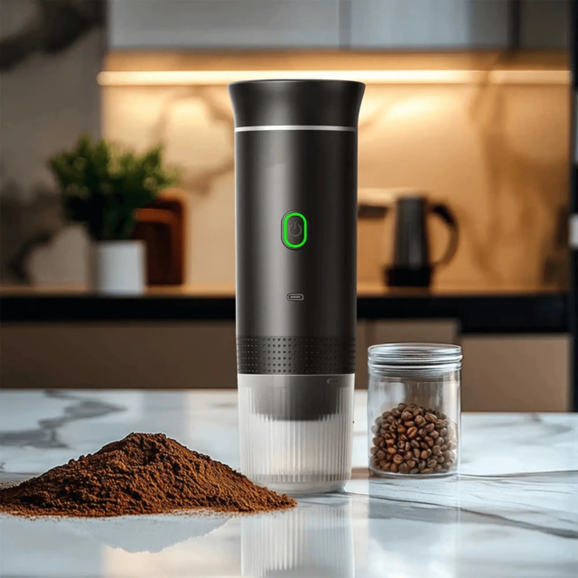 Portable electric coffee maker next to ground coffee and beans in kitchen, perfect for espresso anywhere.