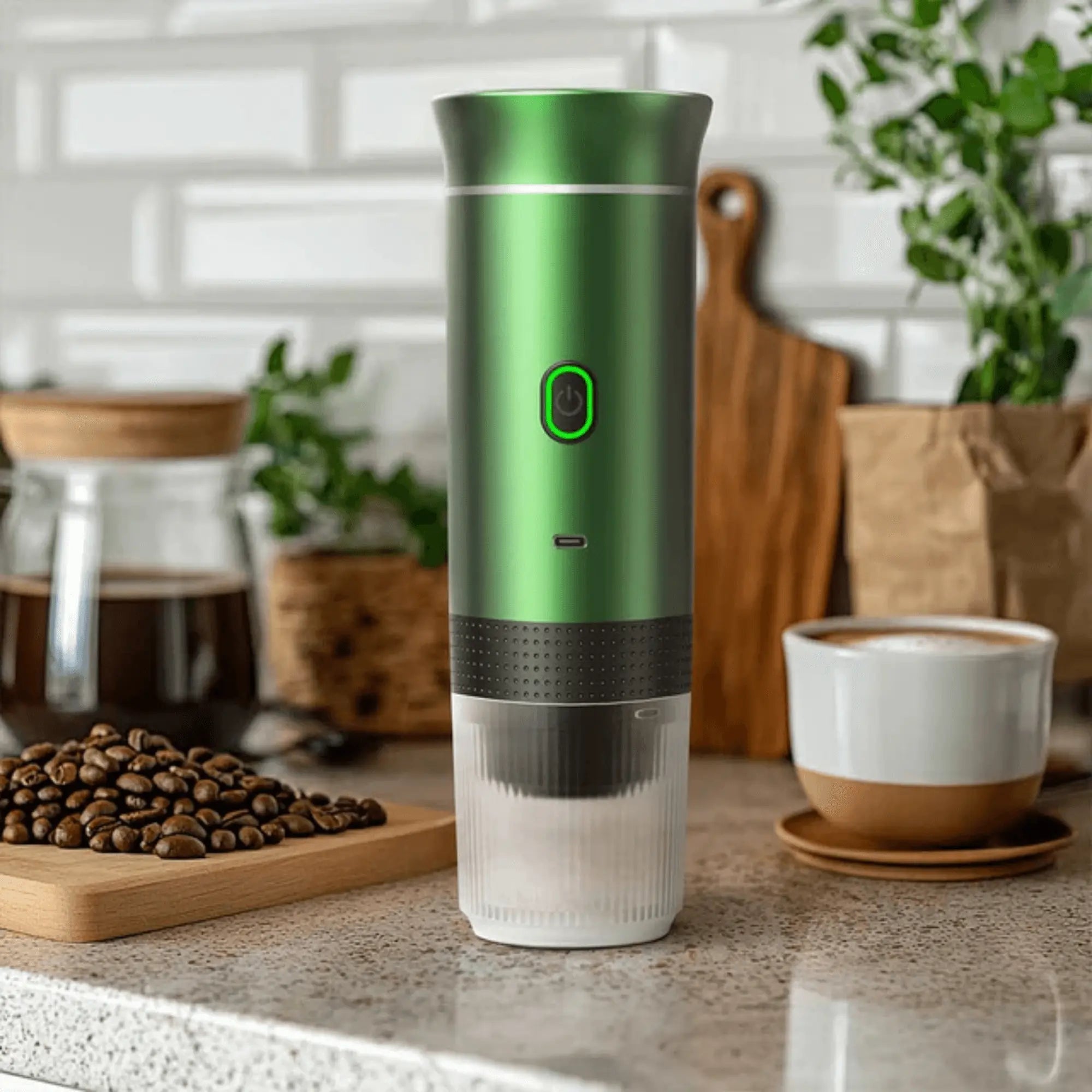 Portable electric coffee machine on a kitchen counter with coffee beans and a cup of espresso.