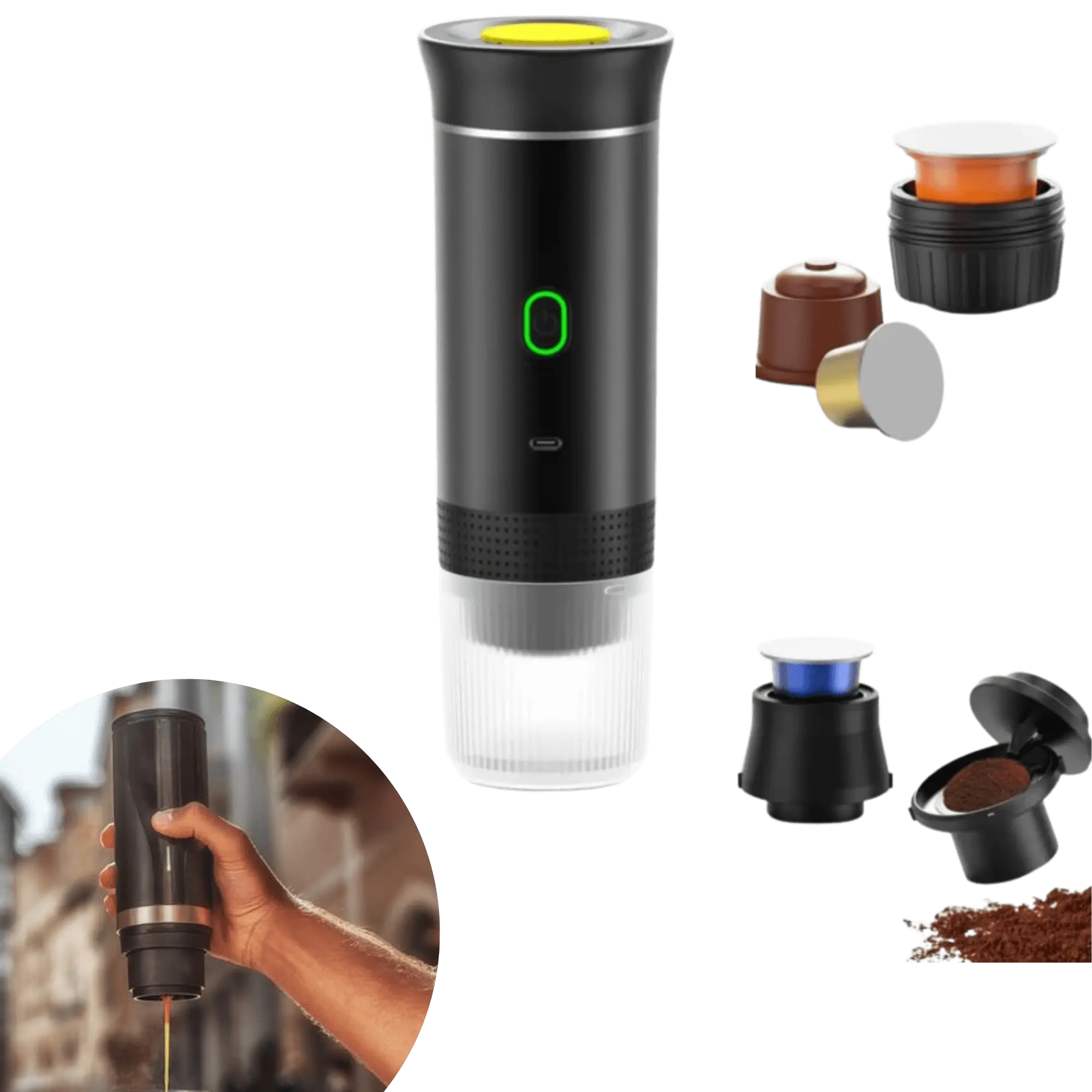 Portable electric coffee machine with espresso capsules, perfect for camping and travel, delivering rich-flavored coffee anywhere.