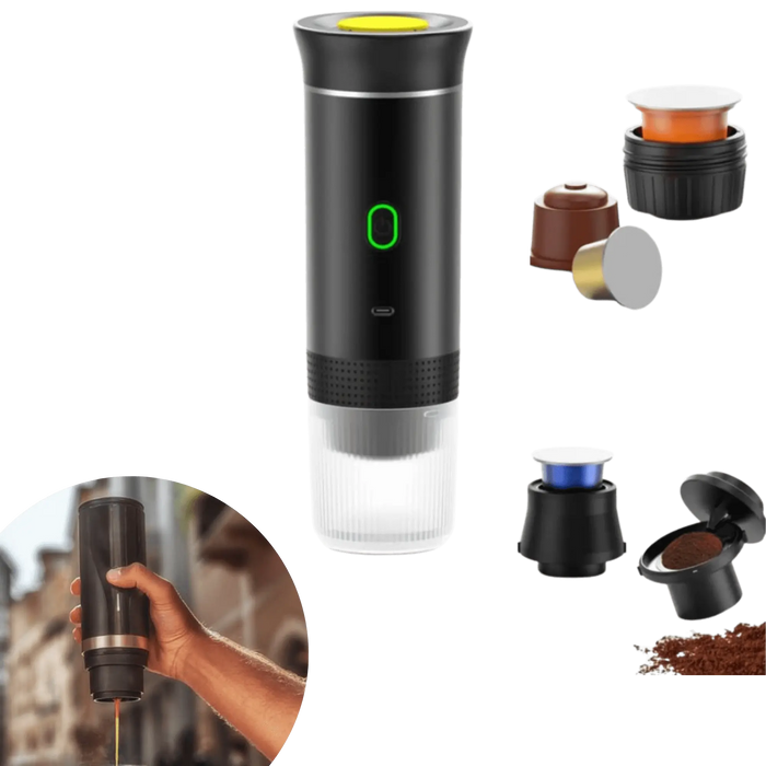 Machine à café électrique portable avec capsules d'espresso, parfaite pour le camping et les voyages, offrant un café au goût riche partout.