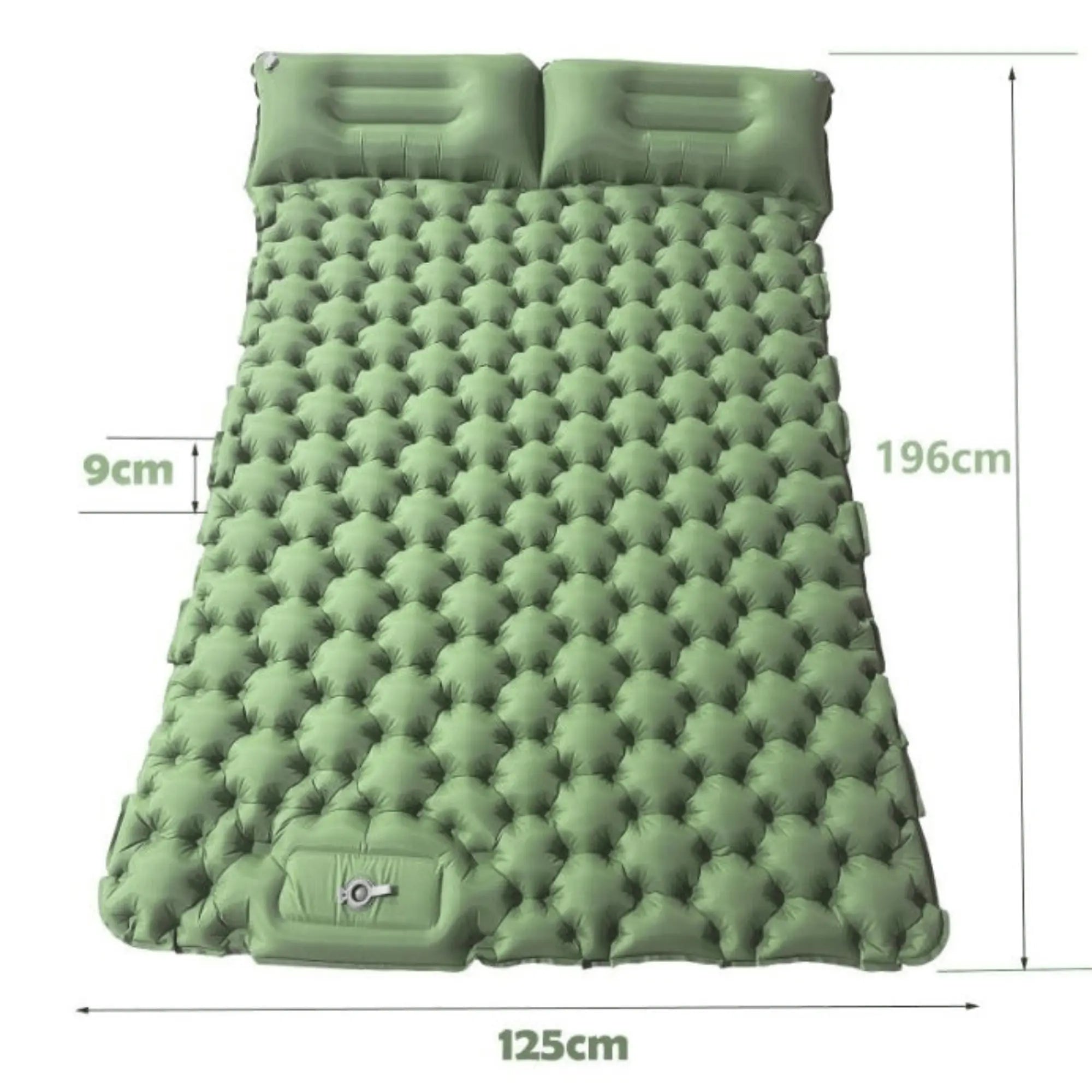 Green inflatable rooftop tent mattress with built-in pillows, measuring 196cm x 125cm, shown with dimensions for camping.