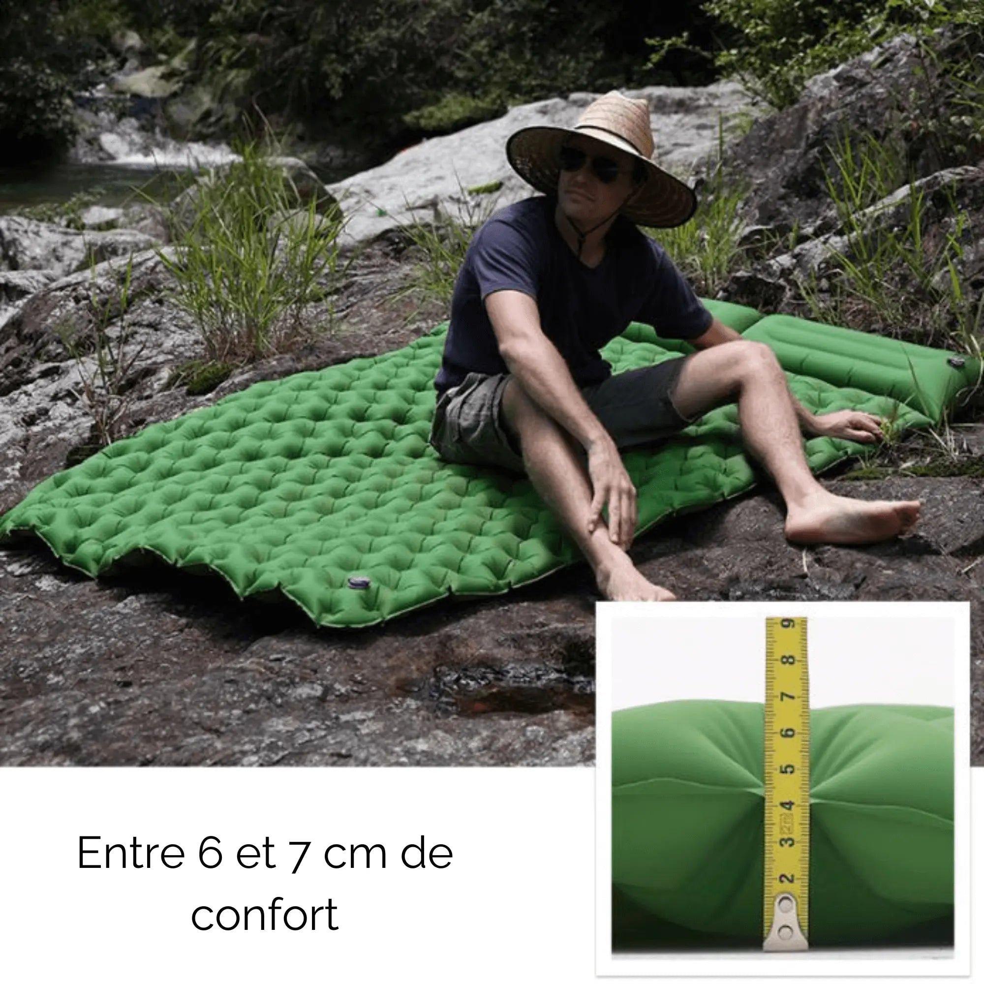 Person enjoying outdoor relaxation on a green inflatable camping mattress, showcasing comfort and thickness measurement detail.