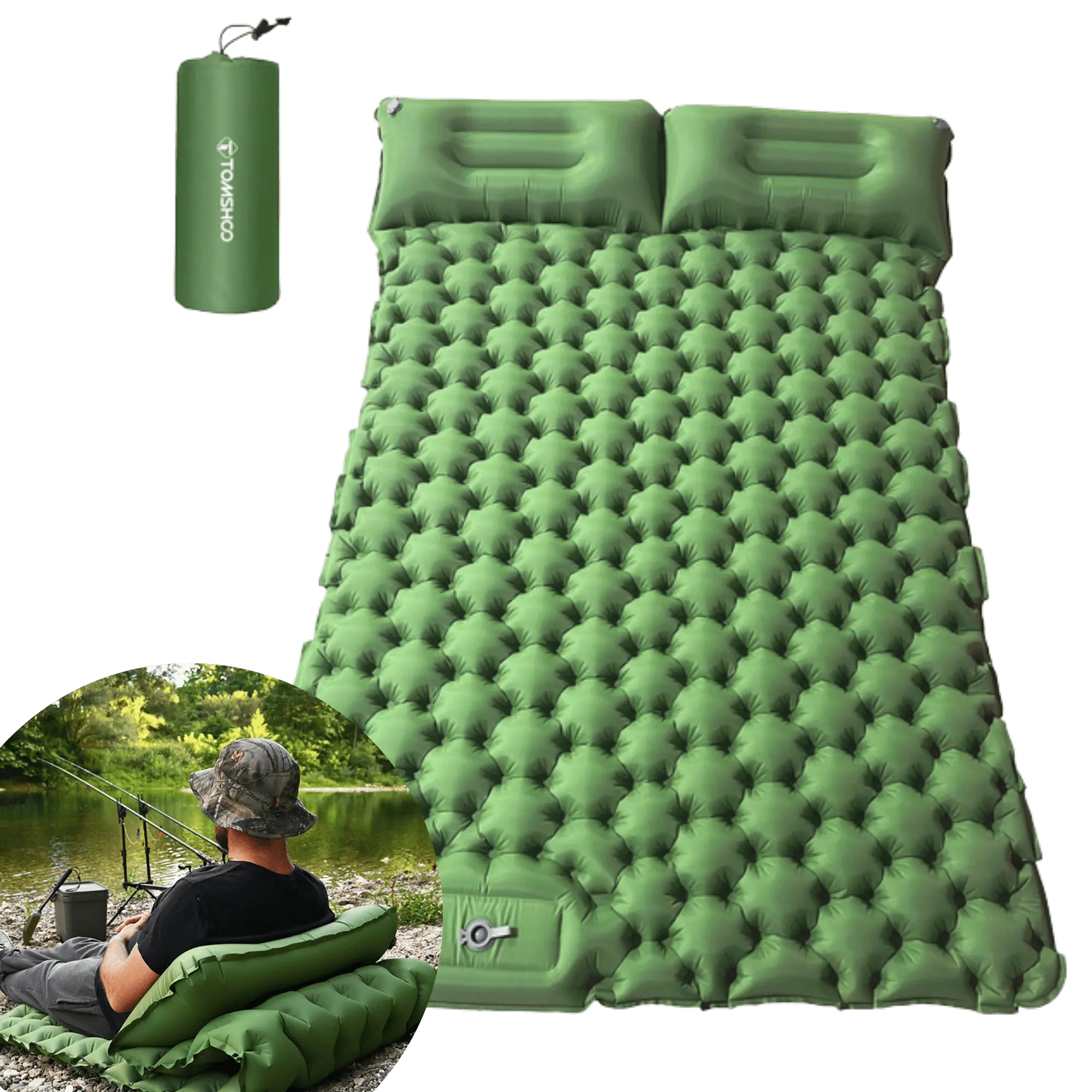 Green inflatable camping mattress with built-in pillows, compact carry bag, and outdoorsy design for tent or van camping.