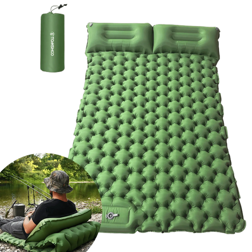 Matelas de camping gonflable vert avec oreillers intégrés, sac de transport compact et design adapté à la vie en plein air pour le camping en tente ou en van.