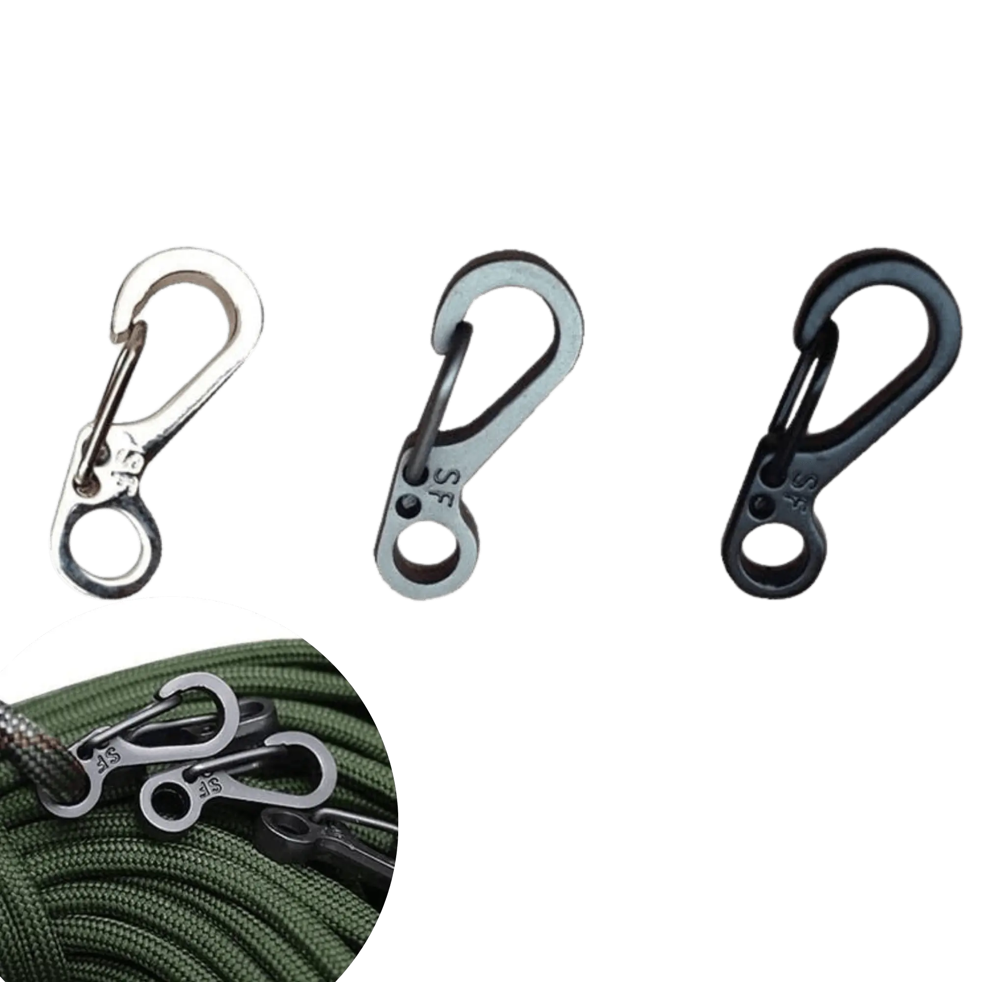 Set of 10 mini mousqueton carabiners for camping, showing varied designs, ideal for survival gear and attaching accessories securely.