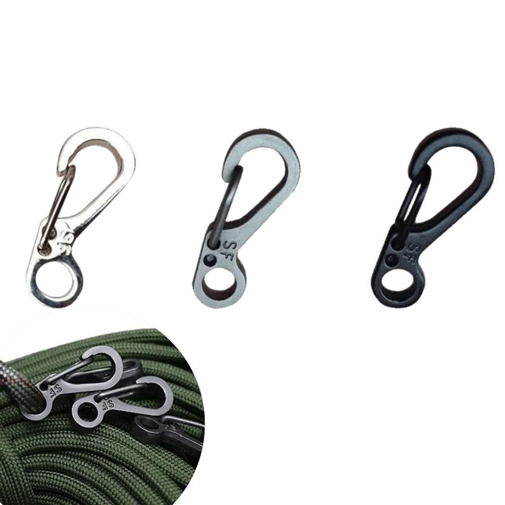 Set of 10 mini mousqueton carabiners for camping, showing varied designs, ideal for survival gear and attaching accessories securely.