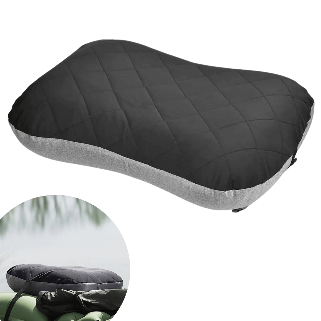 Ultralight inflatable camping pillow on an air mattress, perfect for outdoor comfort and compact travel.