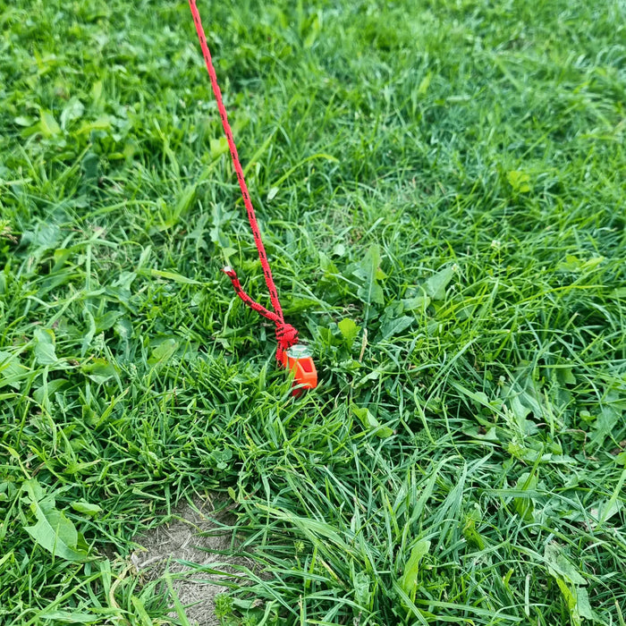 Un piquet de tente rouge enfoncé dans l'herbe avec une corde rouge, garantissant une installation sécurisée de la tente. Idéal pour le camping et les aventures en plein air.