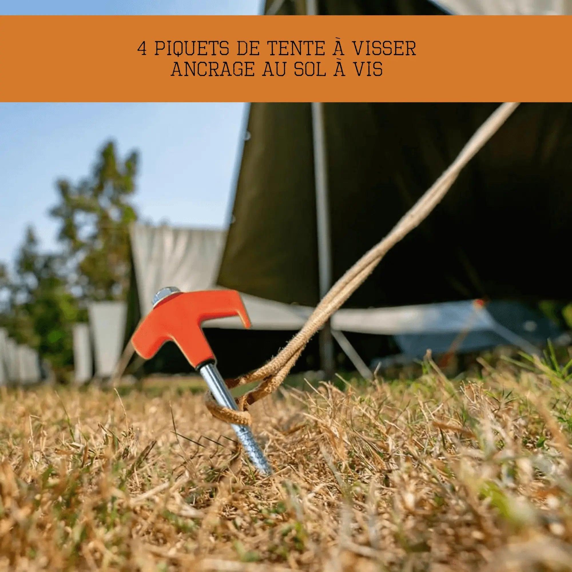 Close-up of a tent stake anchored in grass, showcasing the screw design for secure tent setup.