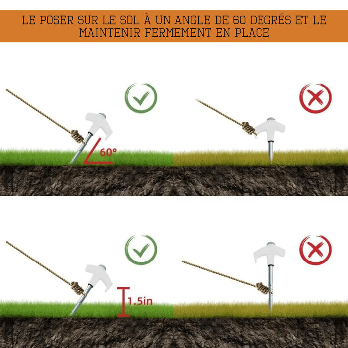Diagramme montrant l'installation correcte des sardines de tente de 20 cm à 60 degrés pour la stabilité, avec une comparaison visuelle des méthodes incorrectes.