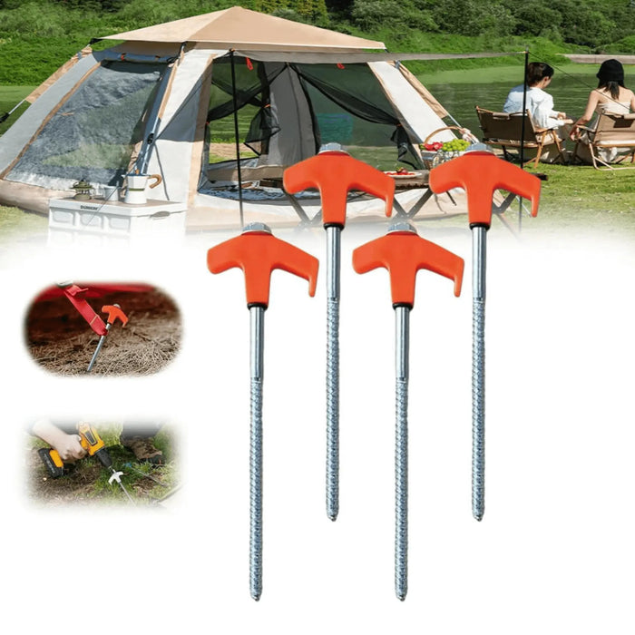 Lot de 4 piquets de tente à vis de 20 cm avec une tente en arrière-plan pour un camping facile et sécurisé.