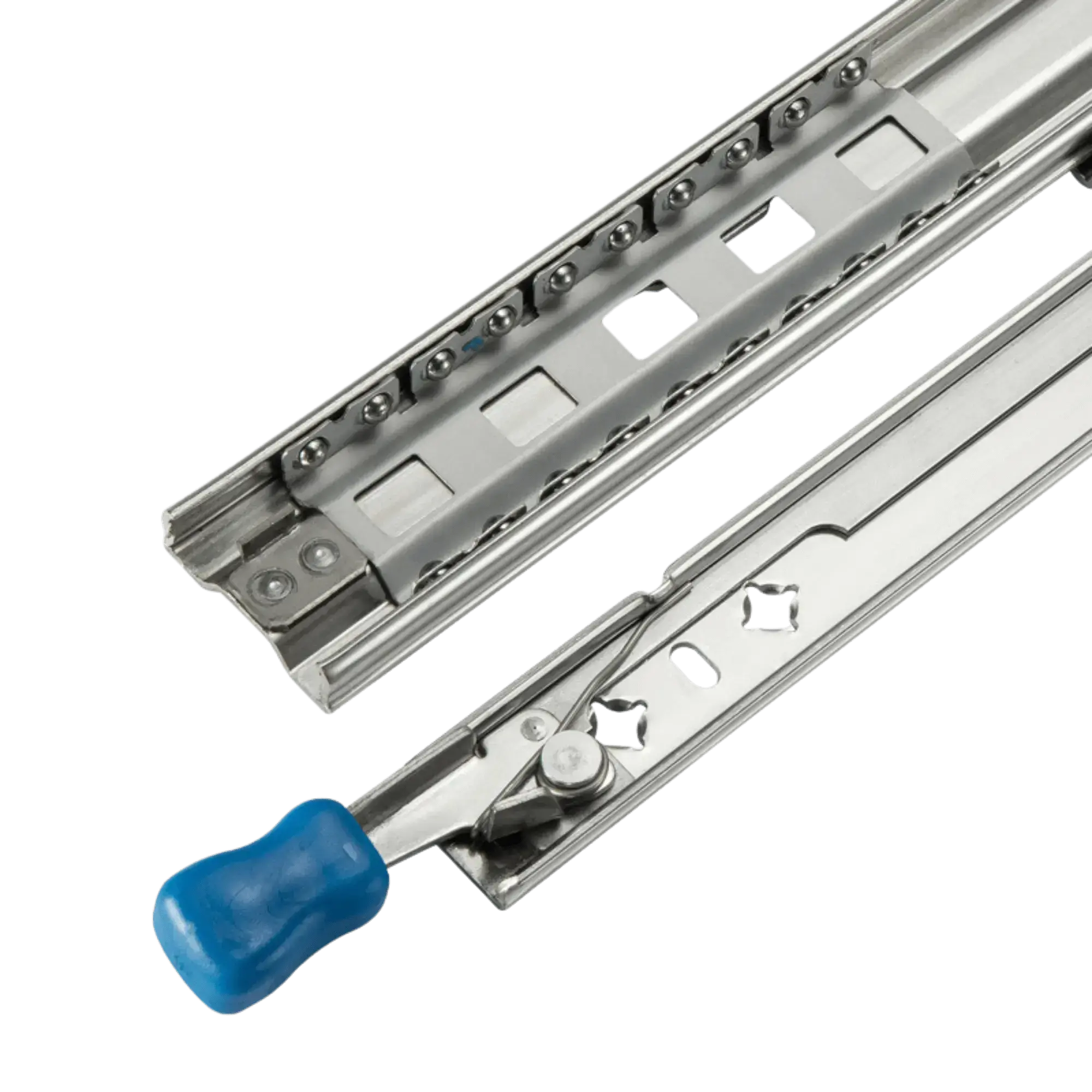 Heavy-duty 100cm ball bearing drawer slide, full extension with 70kg capacity, featuring a blue handle and three-section design.