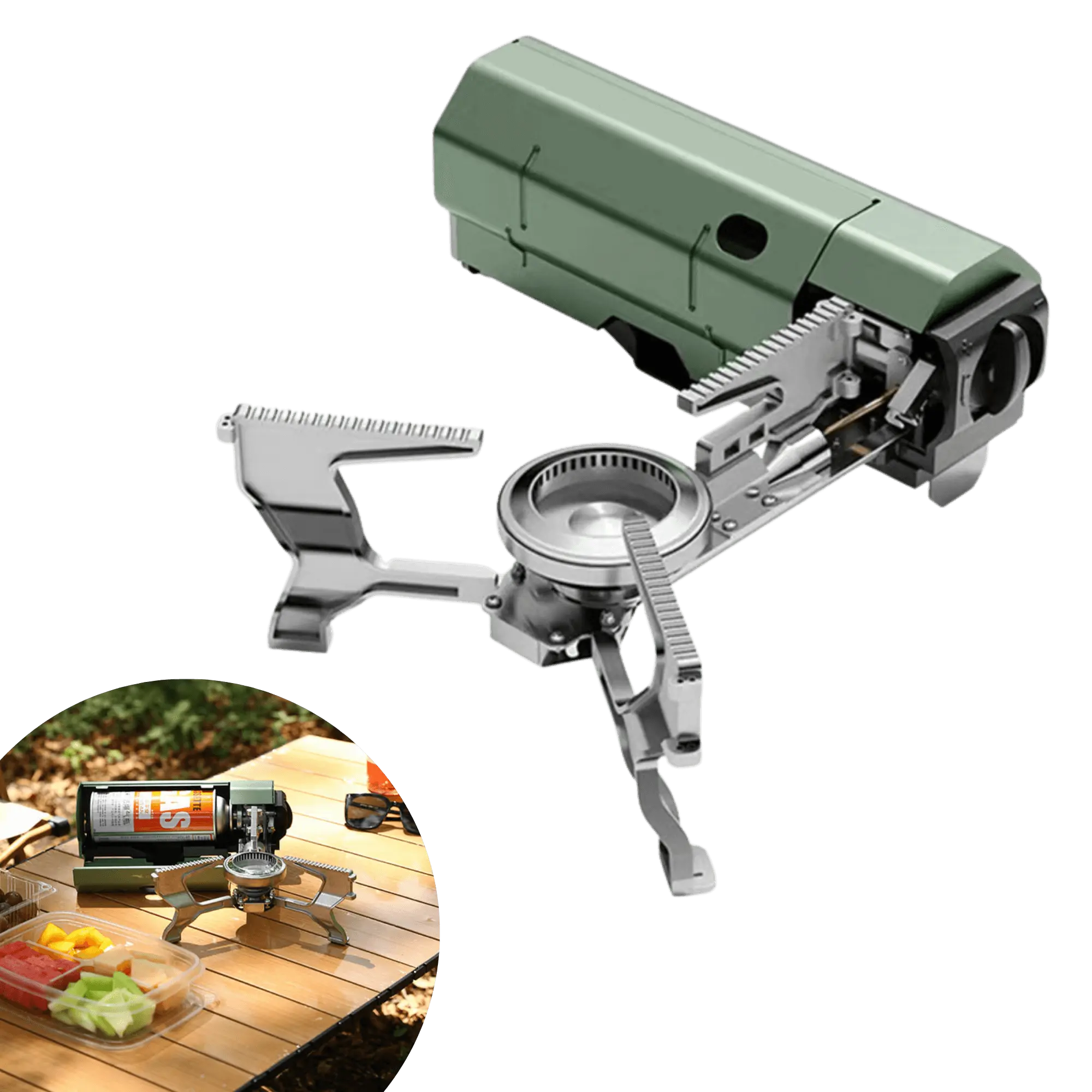 Foldable camping stove for outdoor cooking, compact and powerful, ideal for vanlife, camping, and hiking. Lightweight and easy to assemble.