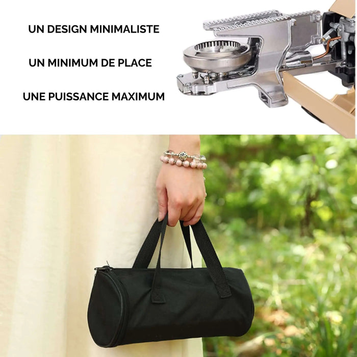 Poêle de camping compacte et pliable avec un design minimaliste, légère pour la vanlife et les aventures en plein air, transportée dans un petit sac.