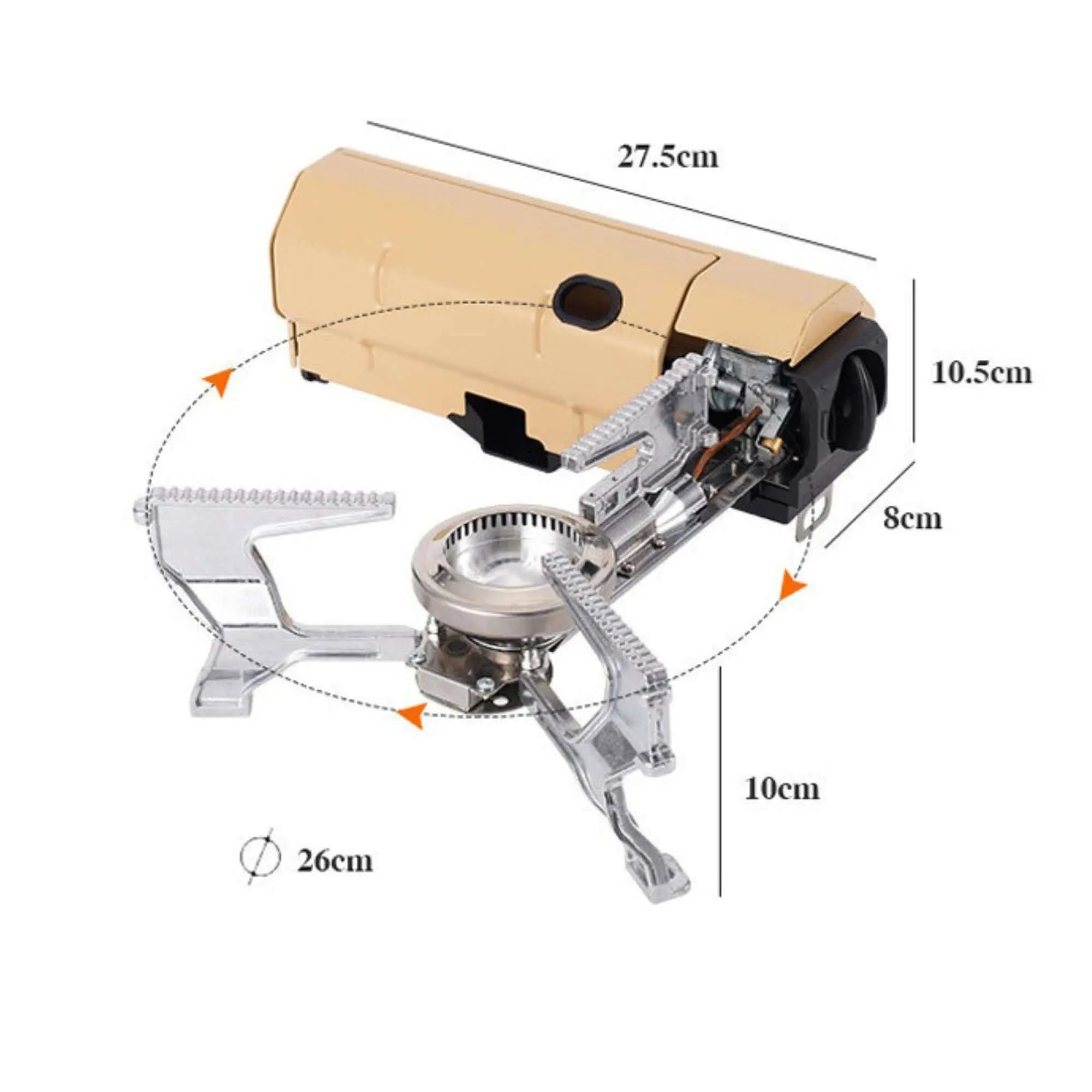 Compact foldable camping stove with dimensions, ideal for vanlife and outdoor cooking; lightweight and efficient design for adventures.