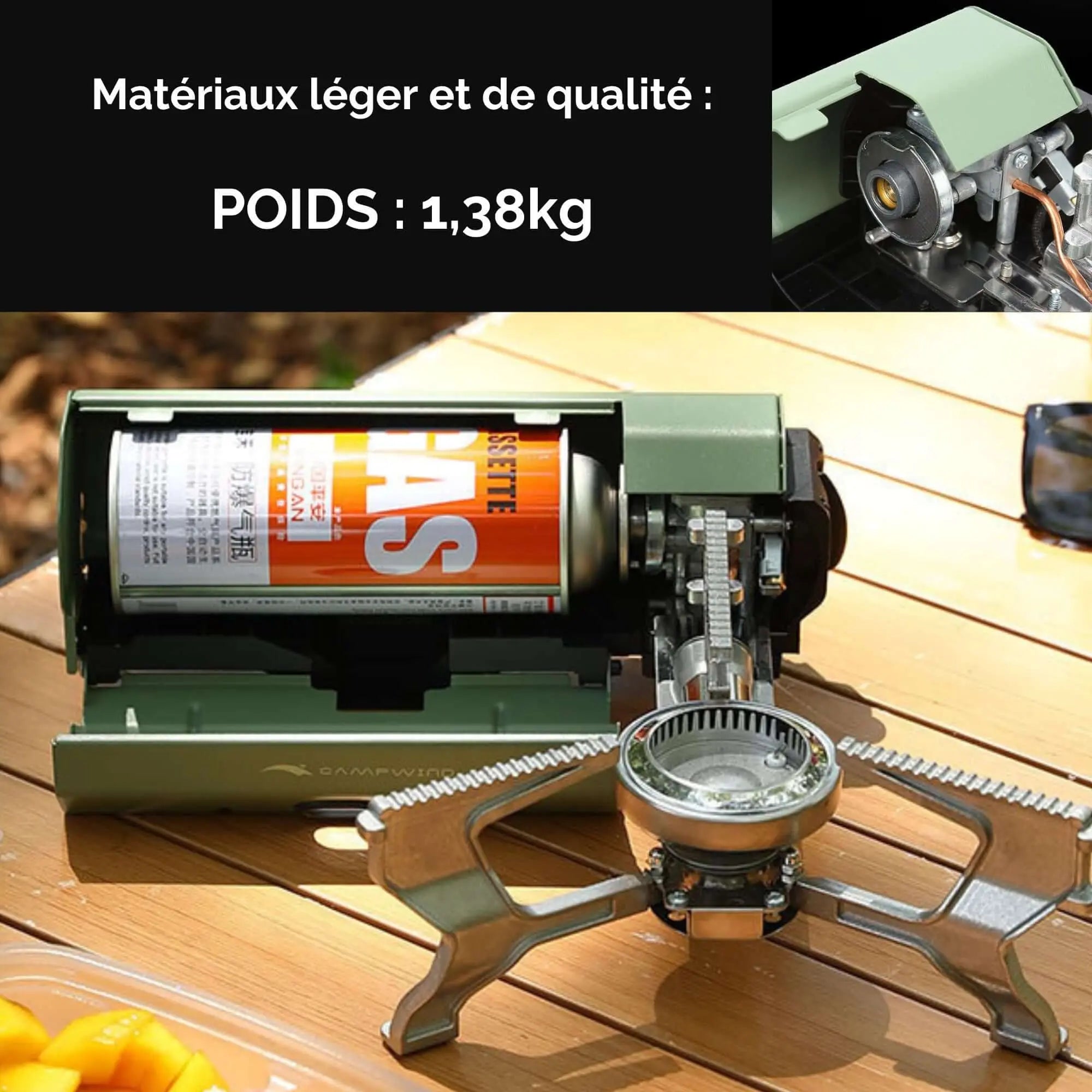 Foldable camping stove on a table, lightweight at 1.38kg, ideal for vanlife, camping, and hiking. Compact and efficient outdoor cooking gear.