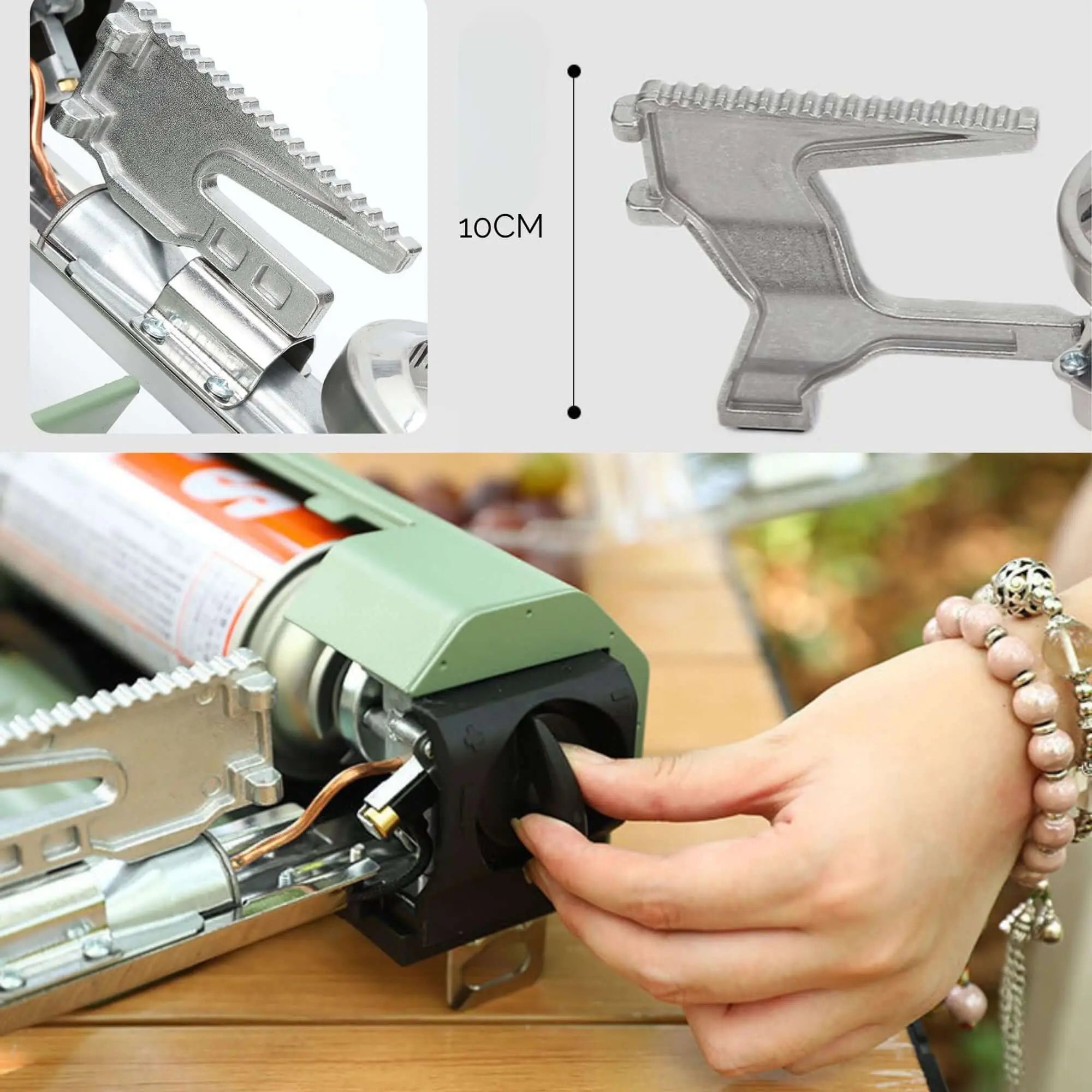 Adjusting a foldable camping stove with close-up of compact design, ideal for outdoor cooking and travel adventures.