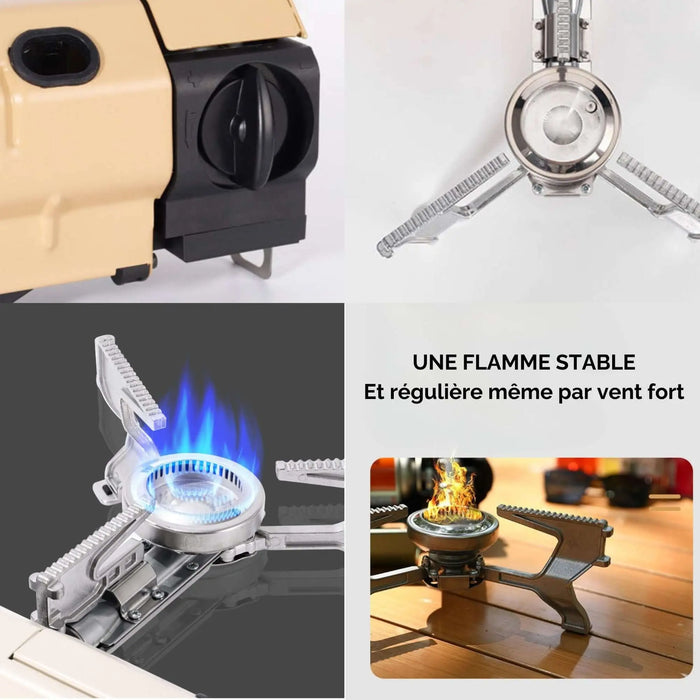 Un réchaud de camping compact et portable présentant une flamme stable pour la cuisson en extérieur. Idéal pour la vie en van, le camping et les aventures de randonnée.