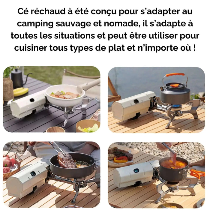 Installation de réchaud de camping flexible avec divers scénarios de cuisson en extérieur, mettant en avant la polyvalence et le design compact pour une cuisine nomade.