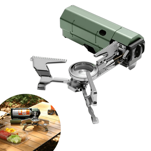 Réchaud de camping pliable pour la cuisine en plein air, compact et puissant, idéal pour le vanlife, le camping et la randonnée. Léger et facile à assembler.