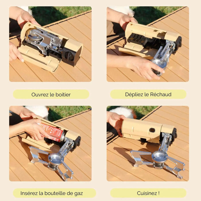 Instructions pour le montage d'un réchaud de camping pliable, y compris l'ouverture du boîtier, le dépliage du réchaud, l'insertion de la cartouche de gaz et la cuisson.