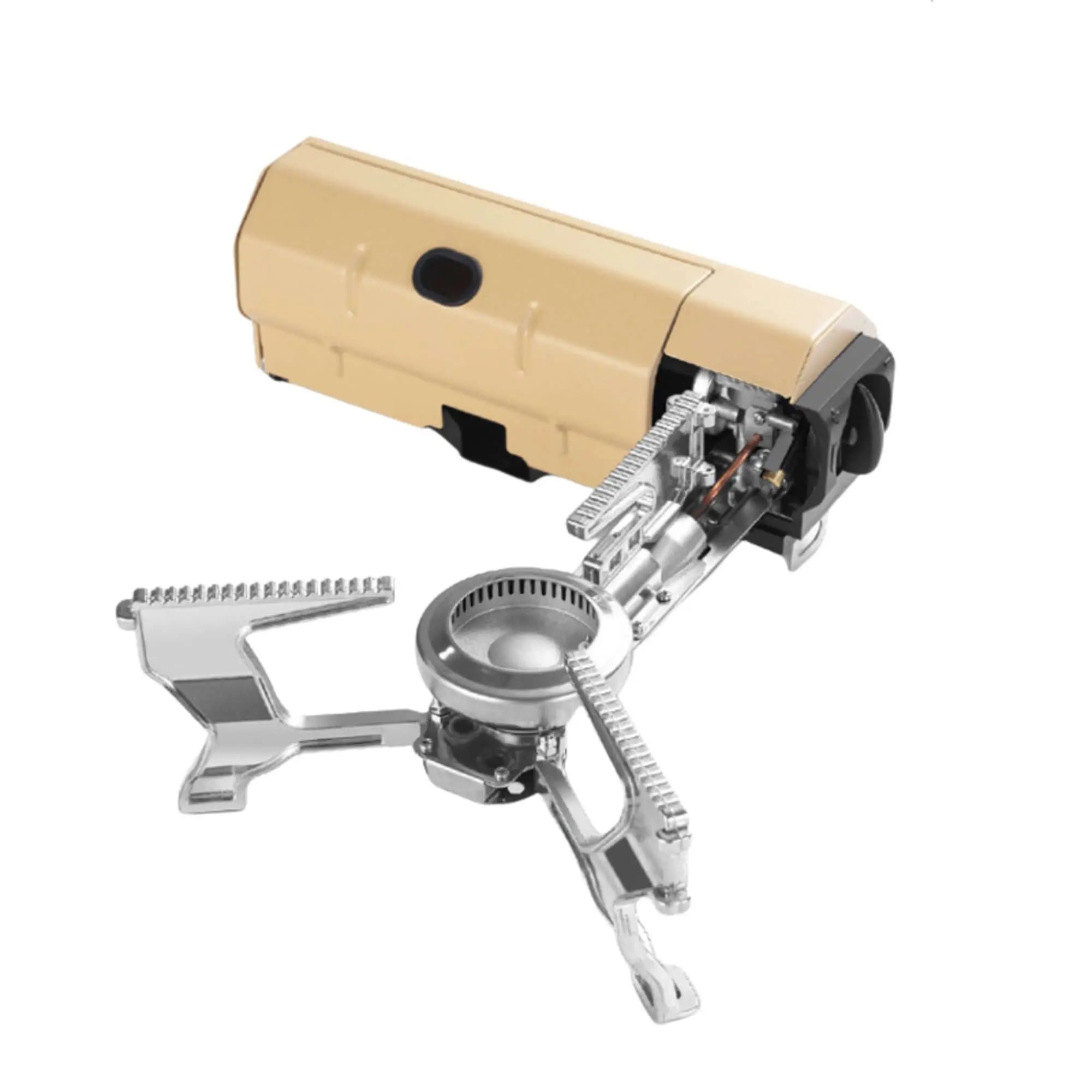 Pliable camping stove for vanlife, compact and powerful design for outdoor cooking and adventures, easy to set up.