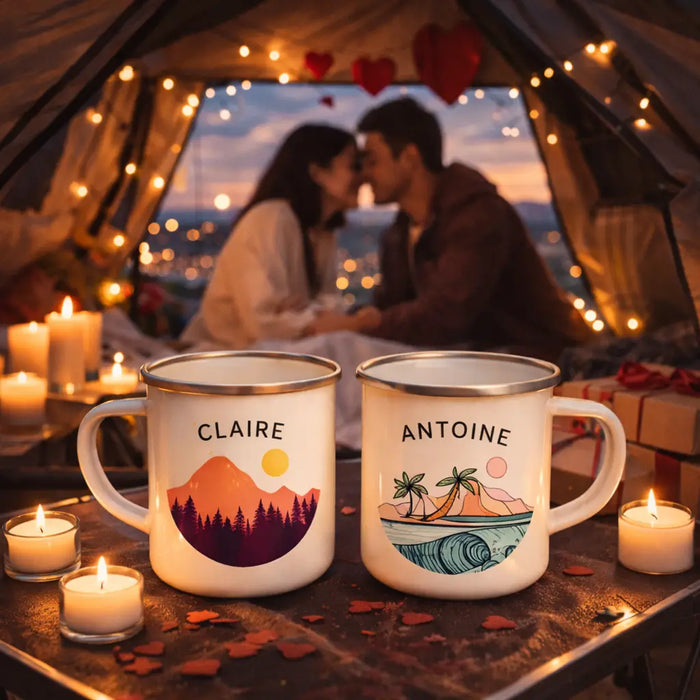 mug camping personnalisé, mug émaillé camping, cadeau saint valentin camping, mug vanlife, tasse camping métal, cadeau aventurier, mug personnalisé prénom, tasse feu de camp, mug outdoor, cadeau couple camping