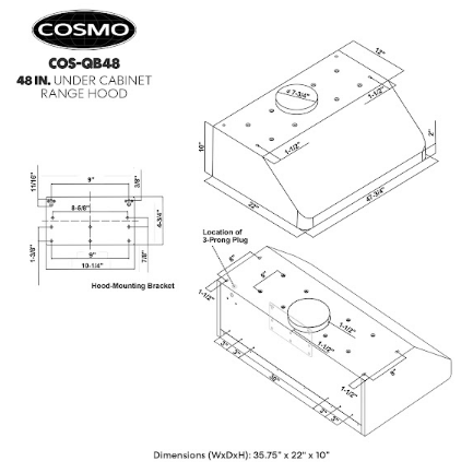 Cosmo 48"  Under Cabinet Range Hood with Push Button Controls, Permanent Filters, 3-Speed Fan and LED Lights in Stainless Steel COS-QB48