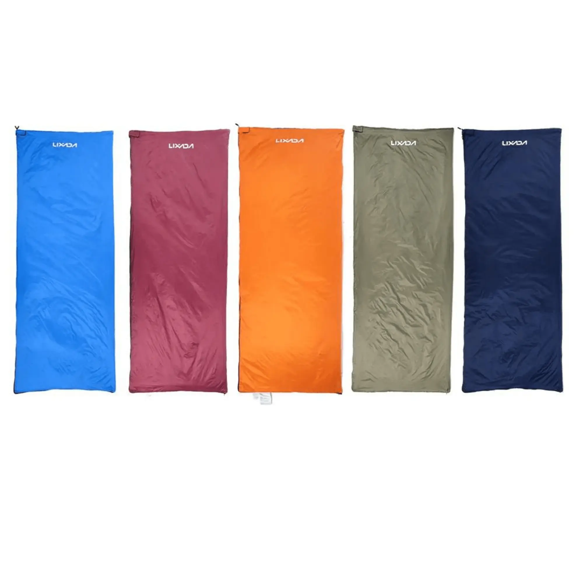 Colorful ultralight outdoor sleeping bags for camping and hiking, showcasing five vibrant shades for ultimate comfort and warmth.