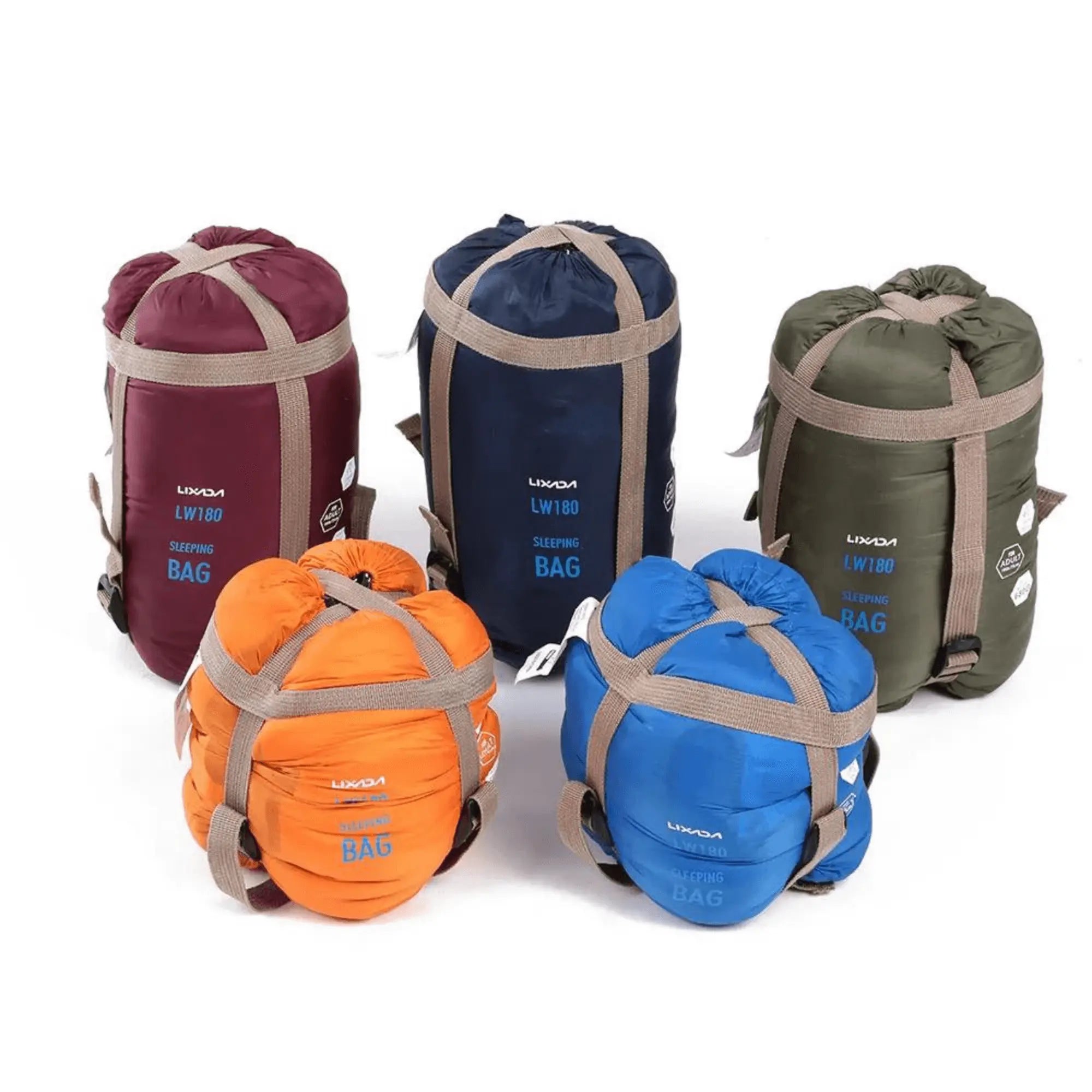 Colorful ultralight sleeping bags for outdoors, perfect for camping and hiking, showing five compactly packed bags in various colors.