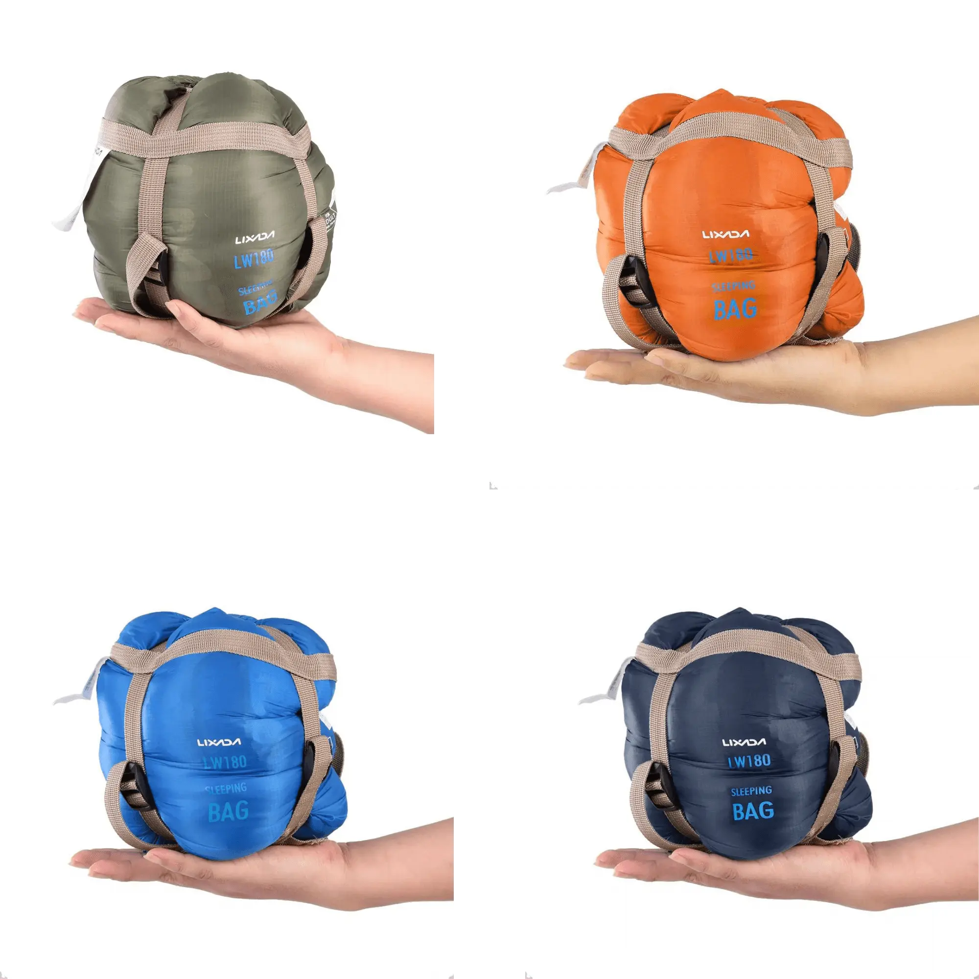 Compact ultralight outdoor sleeping bags in green, orange, blue, and navy, showcased in hand, ideal for camping and hiking.
